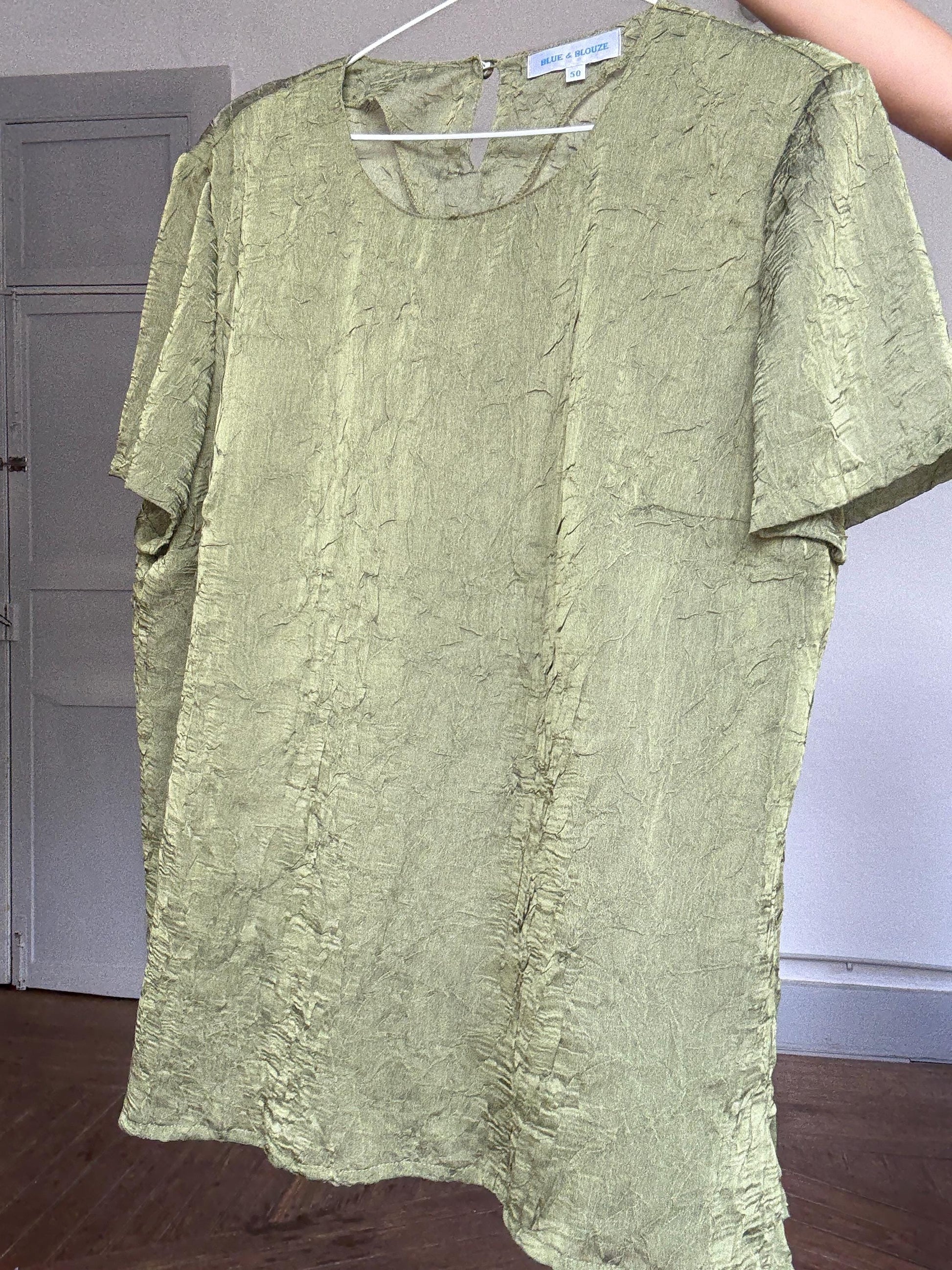 Vintage Blue & Blouze sage green sheer top – see-through crinkled blouse w/ back button, cottagecore romantic look, size EU 50
