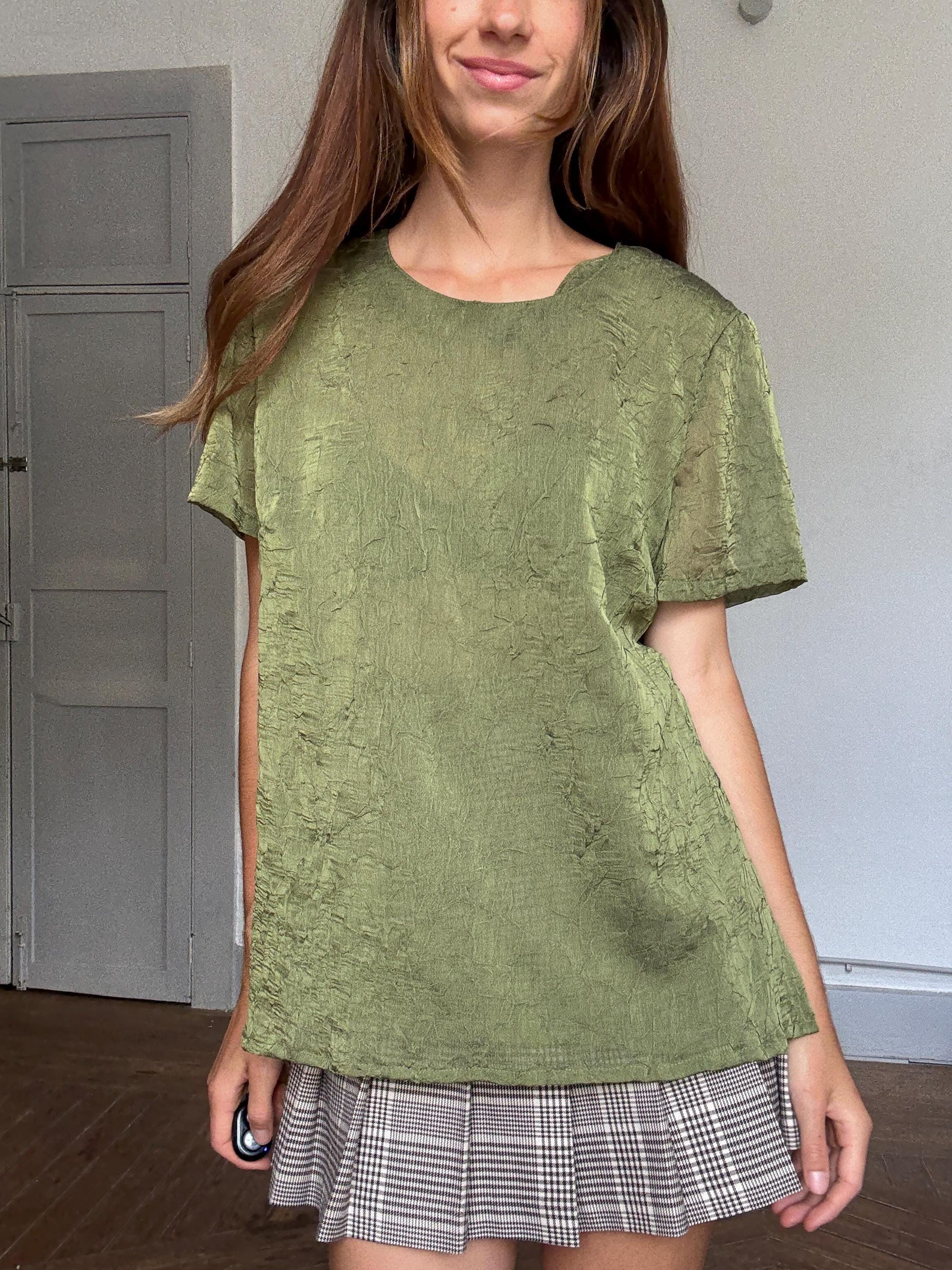 Vintage Blue & Blouze sage green sheer top – see-through crinkled blouse w/ back button, cottagecore romantic look, size EU 50