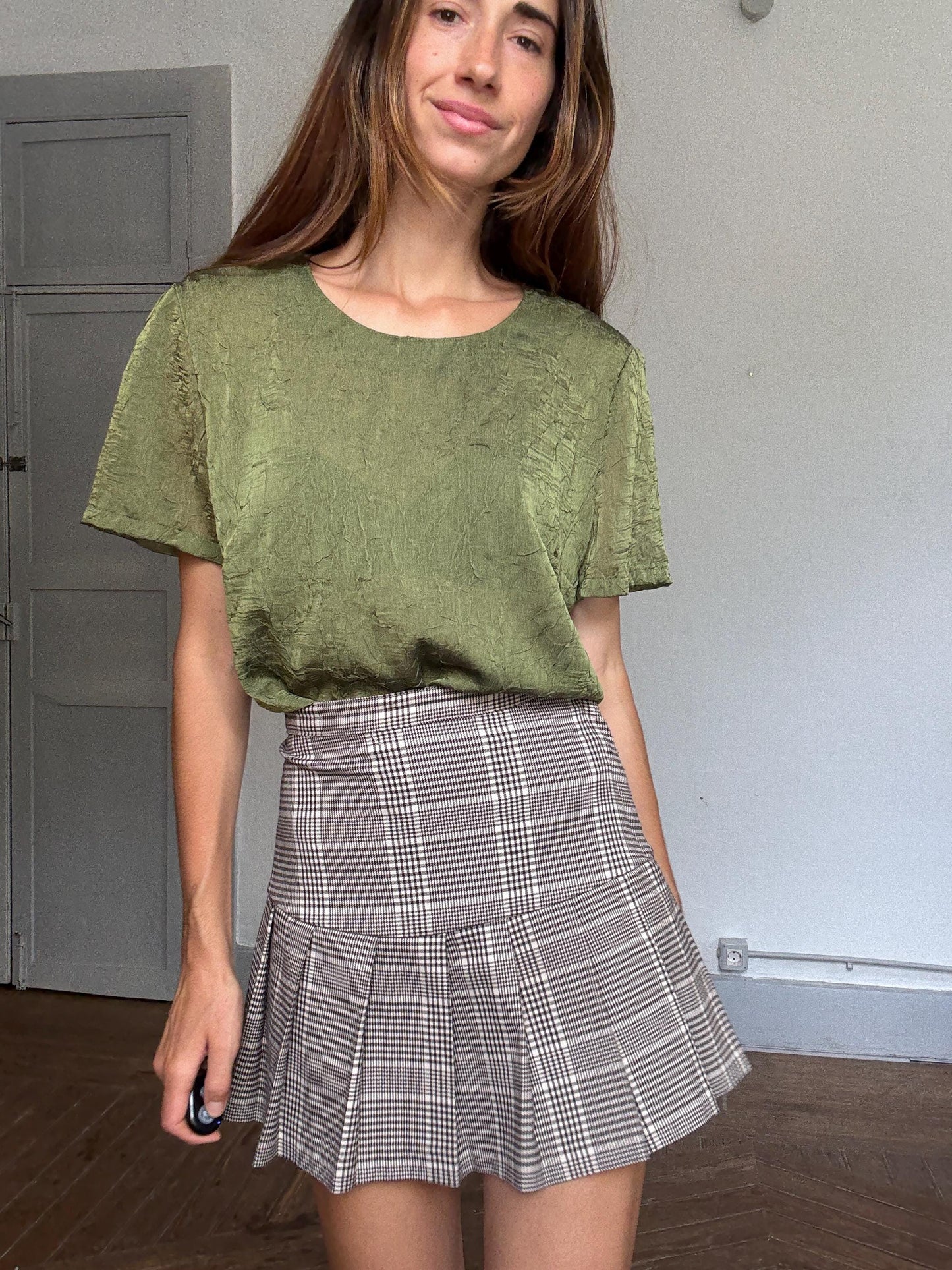 Vintage Blue & Blouze sage green sheer top – see-through crinkled blouse w/ back button, cottagecore romantic look, size EU 50