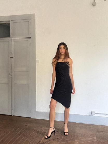 Y2K Black Asymmetric Midi Dress — back view