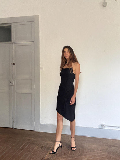 Y2K Black Asymmetric Midi Dress — fabric close-up