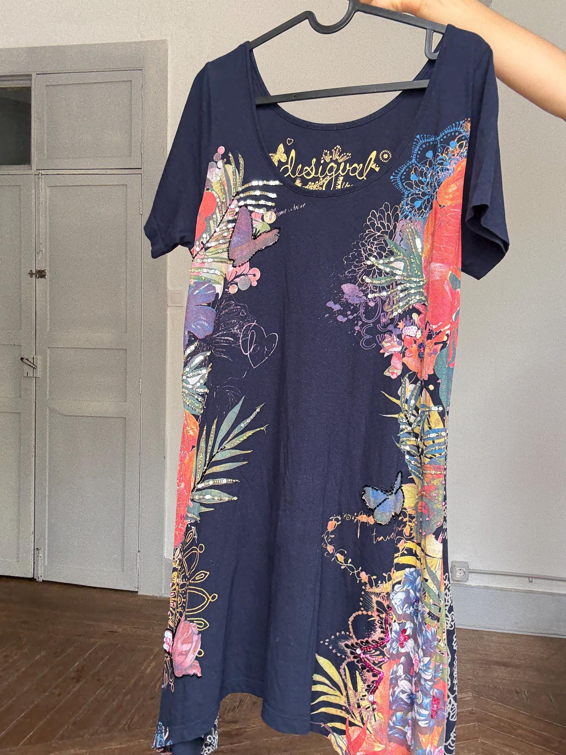 Desigual navy blue mini dress – asymmetric hem, bold floral print, boho artwear energy