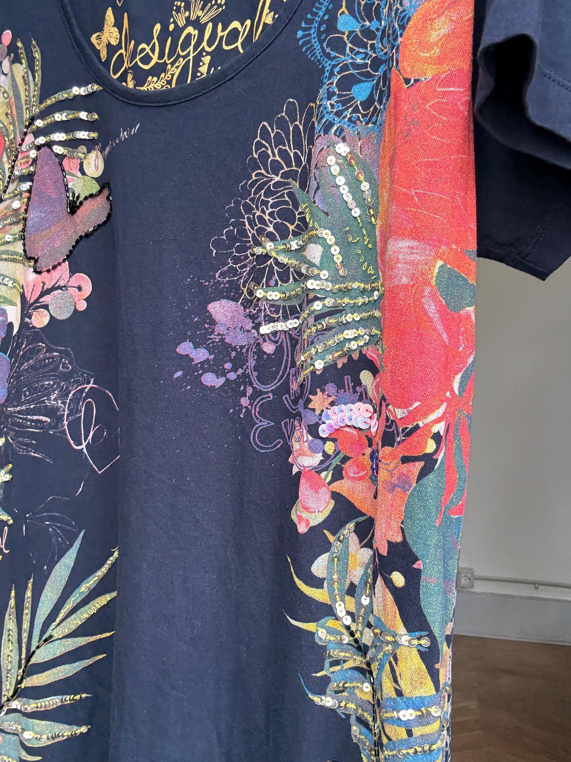 Desigual navy blue mini dress – asymmetric hem, bold floral print, boho artwear energy