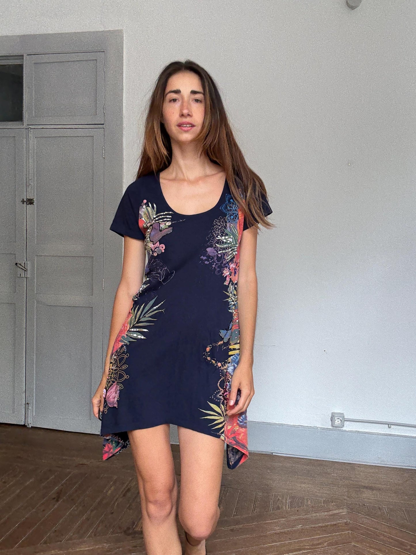 Desigual navy blue mini dress – asymmetric hem, bold floral print, boho artwear energy