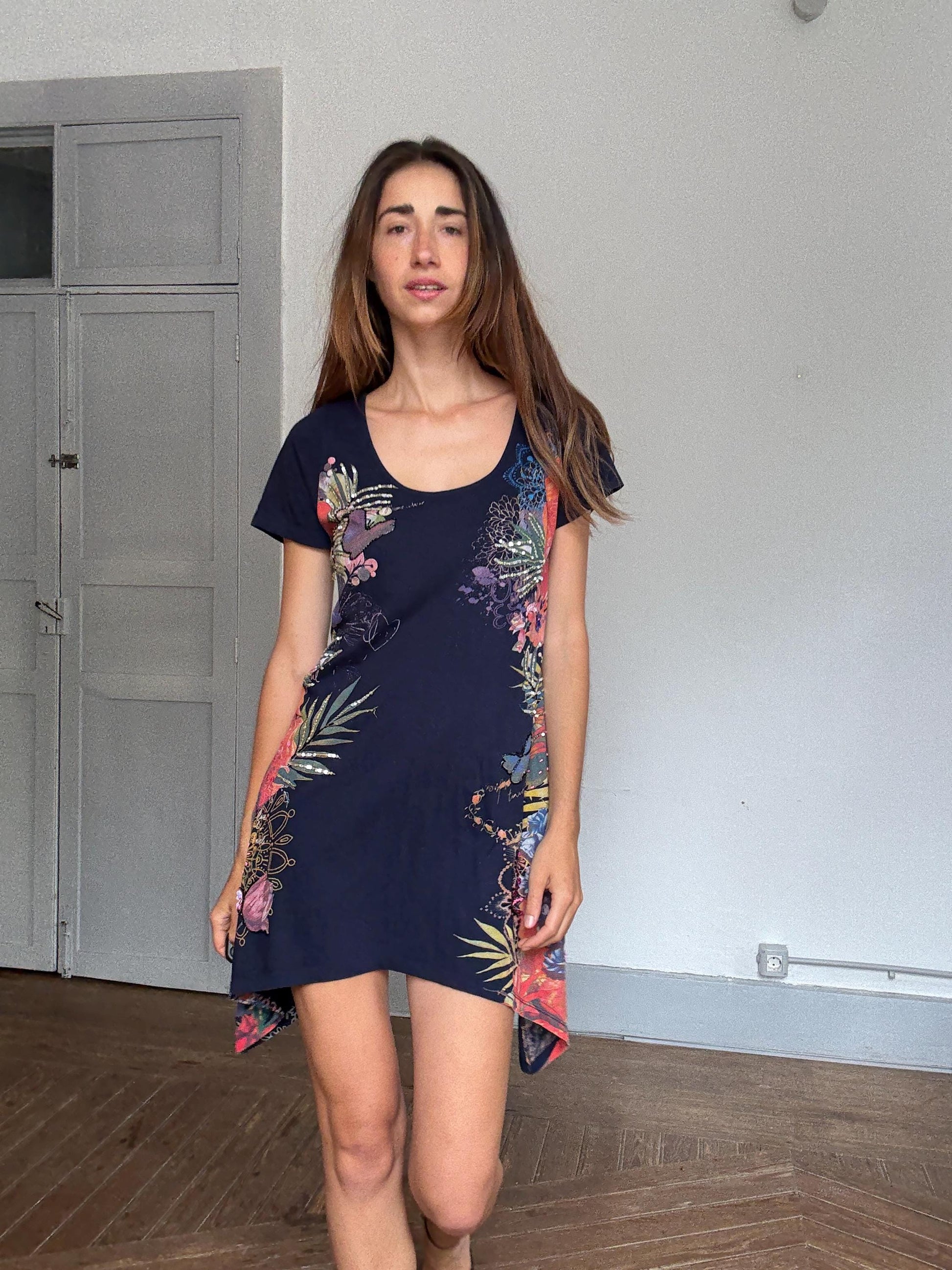 Desigual navy blue mini dress – asymmetric hem, bold floral print, boho artwear energy