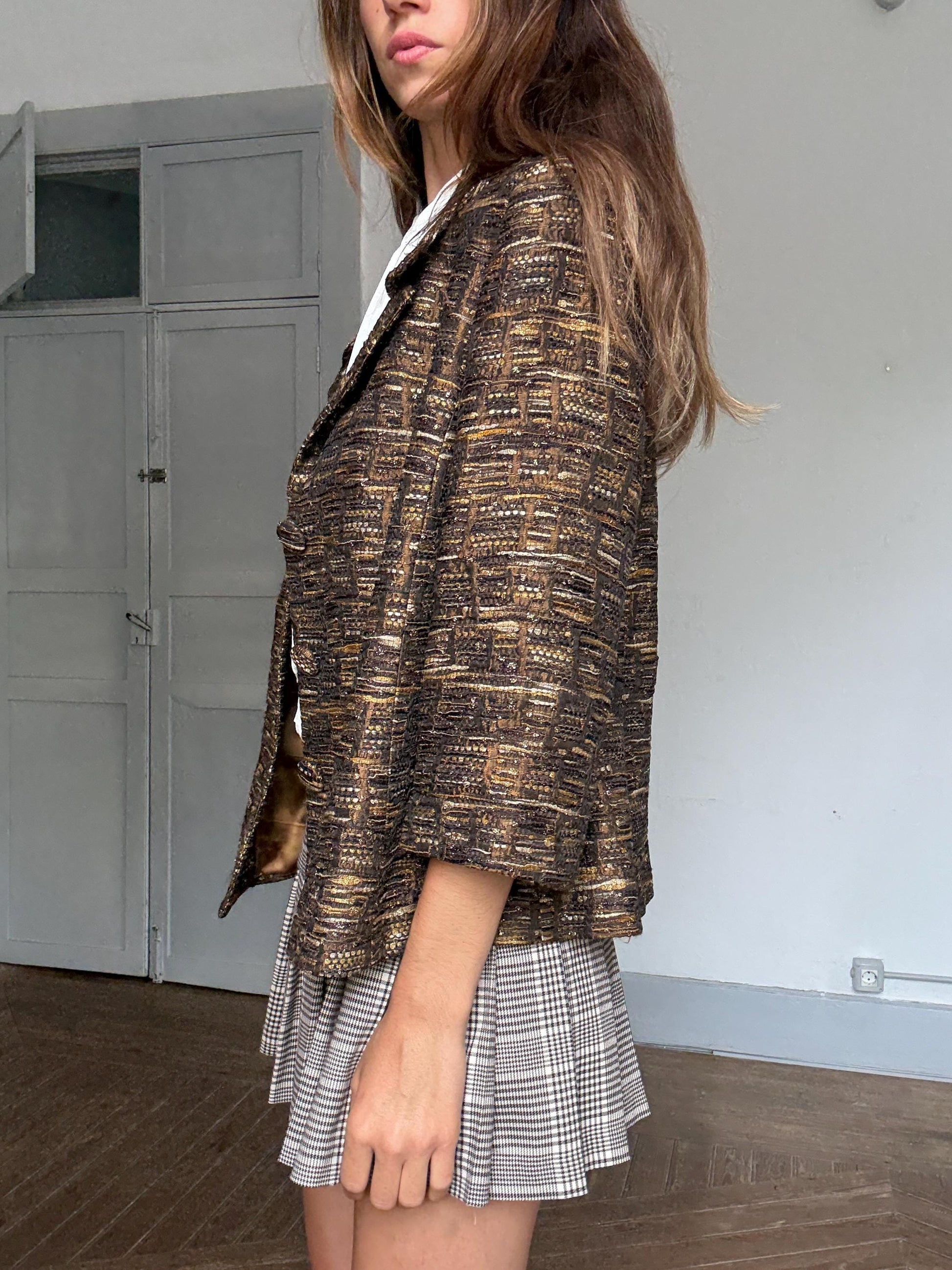 Vintage gold brown oversized blazer retro glam layering jacket, Size M - L