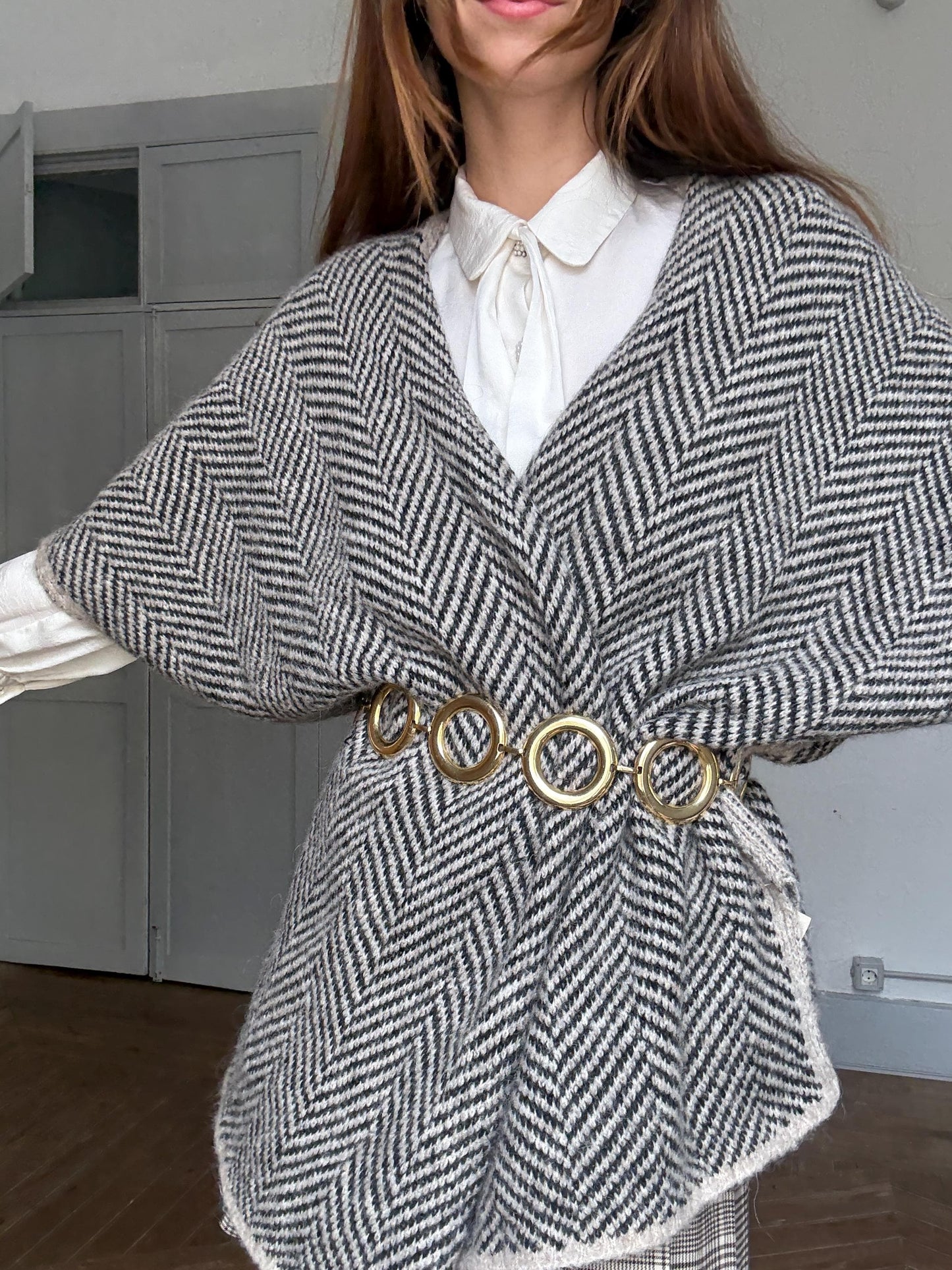Herringbone Alpaca Wool Poncho — fabric close-up