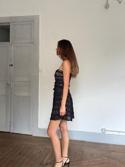 Black Lace Mini Dress, Gothic Y2K Morgan Strapless