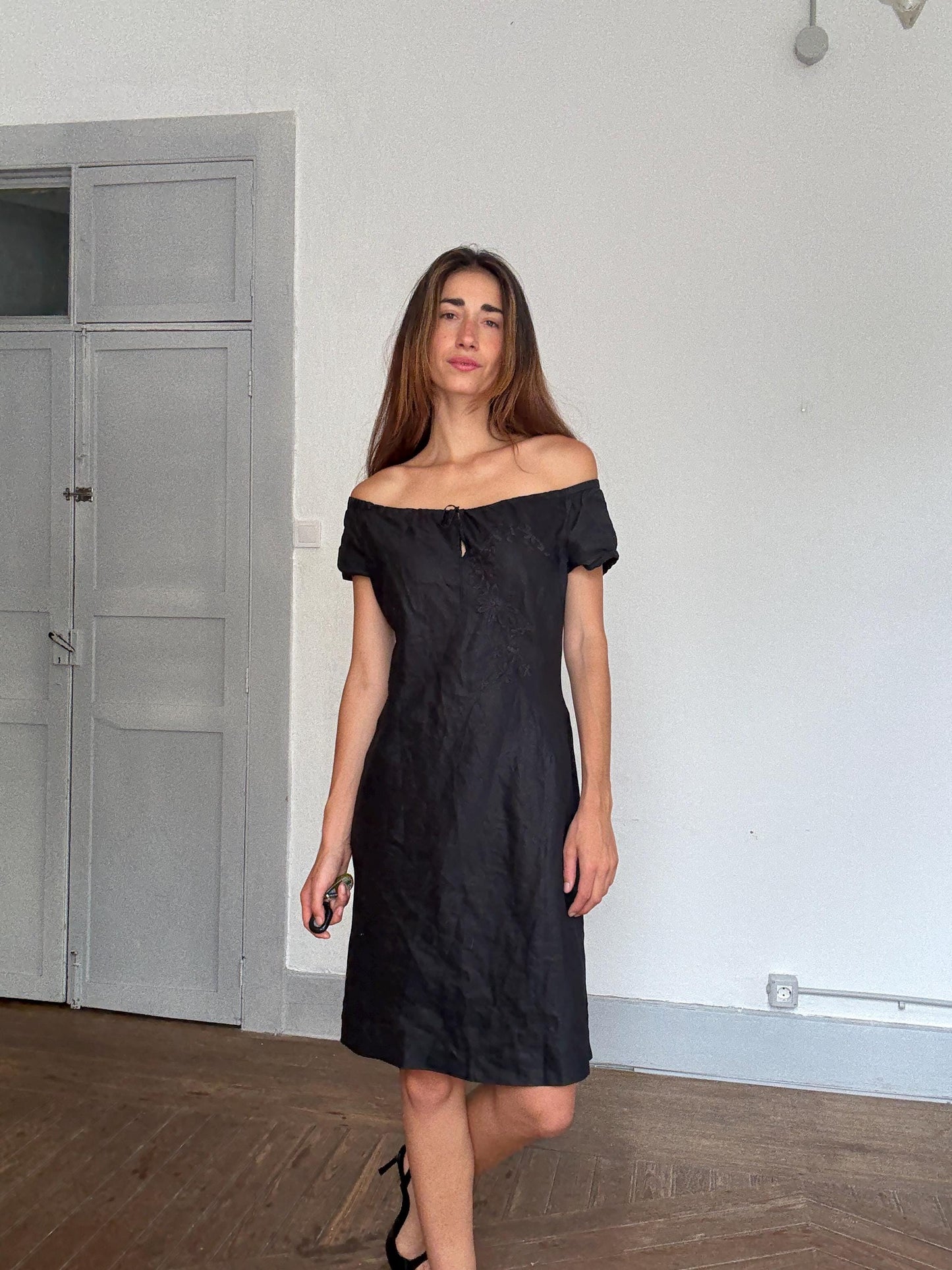 Black Floral Off-Shoulder Dress – United Colors of Benetton Style – Soft Synthetic Fabric – Size S by Measurements