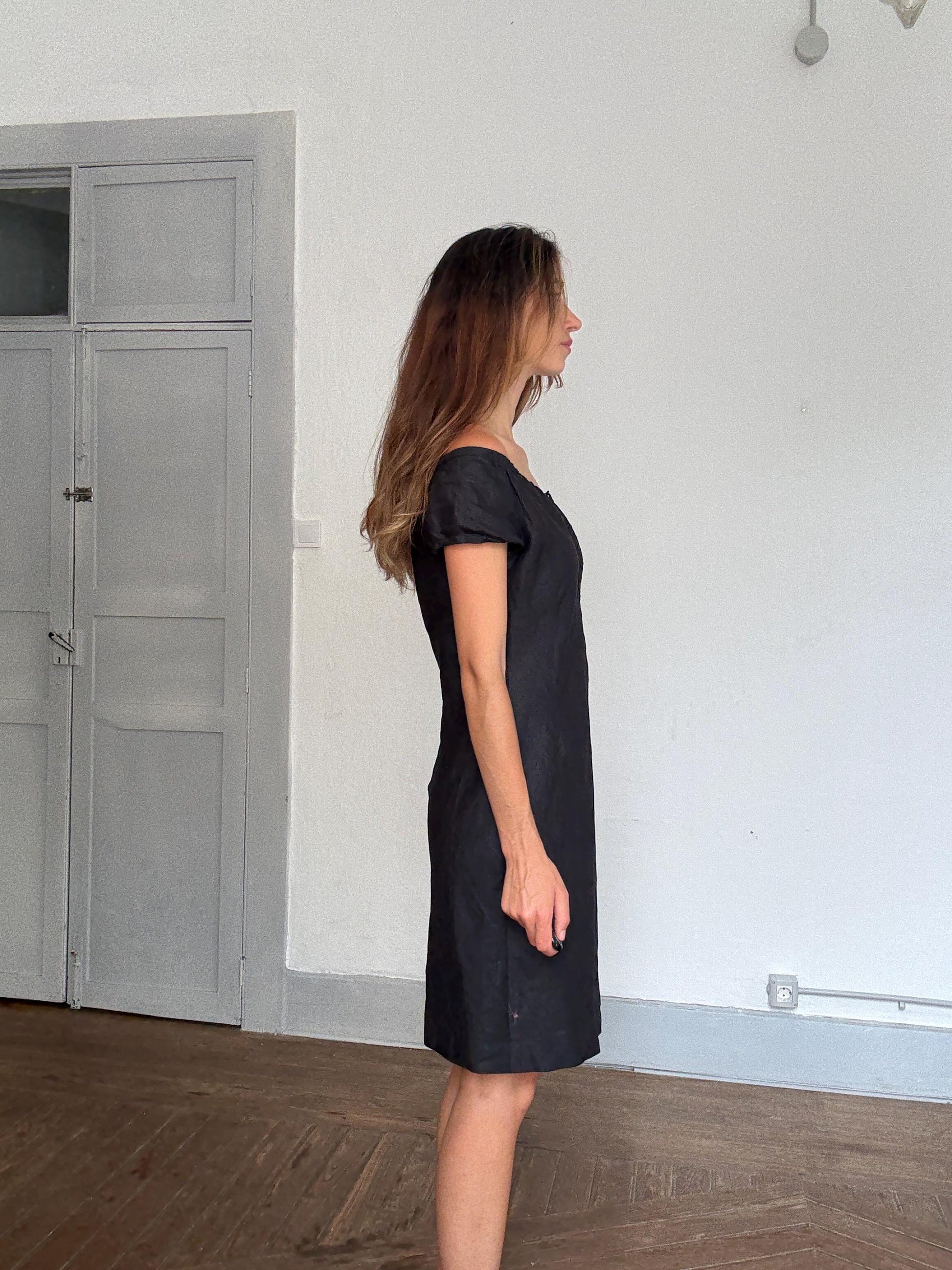 Black Floral Off-Shoulder Dress – United Colors of Benetton Style – Soft Synthetic Fabric – Size S by Measurements