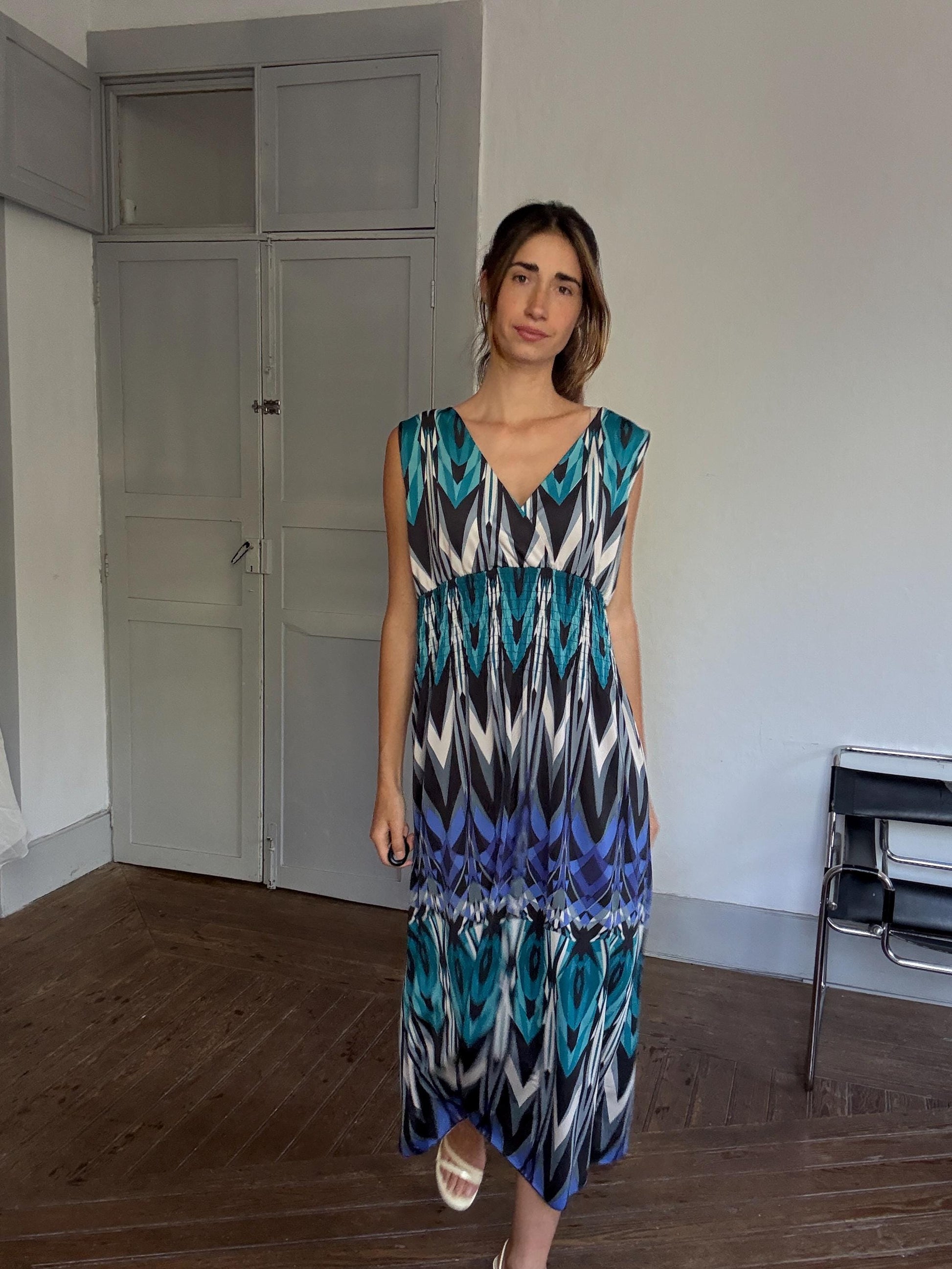 Bold Print Sleeveless Maxi Dress – 70s Boho Resort Glam – Drew Barrymore Style – Size L/XL