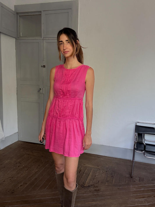 Vintage El Corte Inglés Pink Ramie Mini Dress – 90s It-Girl Style – Barbiecore Summer Look – Size S/M