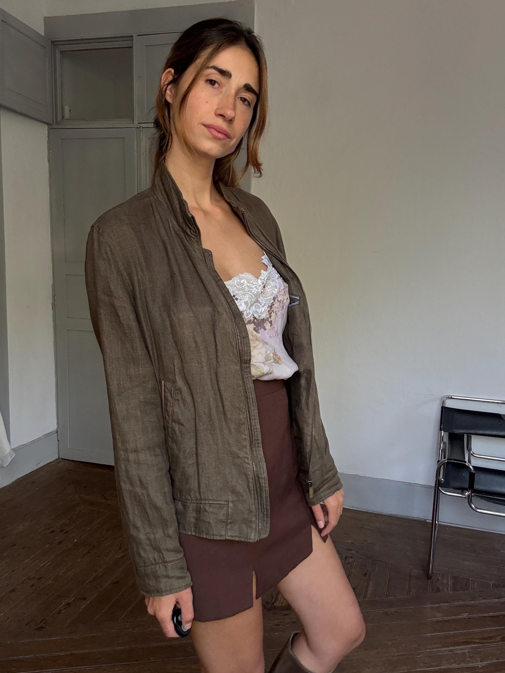 Luxe Massimo Dutti ( Originally Men's ) Green Linen Jacket – Effortless Unisex Parisian Style fashion (M)