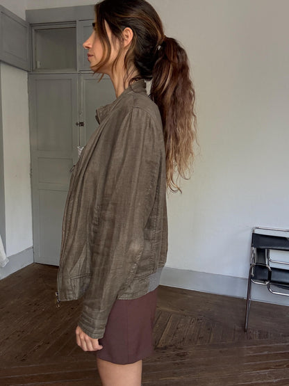 Green Linen Jacket – Unisex Parisian Style — fabric close-up