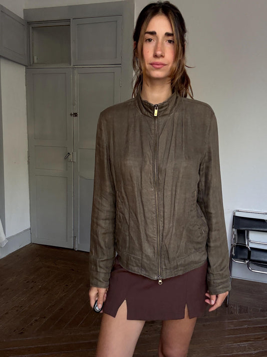 Luxe Massimo Dutti ( Originally Men's ) Green Linen Jacket – Effortless Unisex Parisian Style fashion (M)