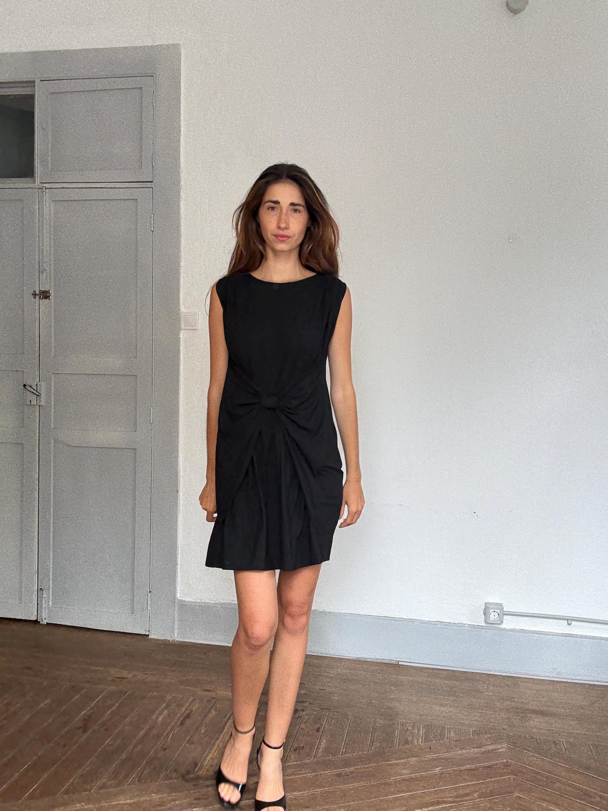Italian simple black dress, Essential Twinset sleek Milan minimalism meets cool girl luxury outfit , Size S - M