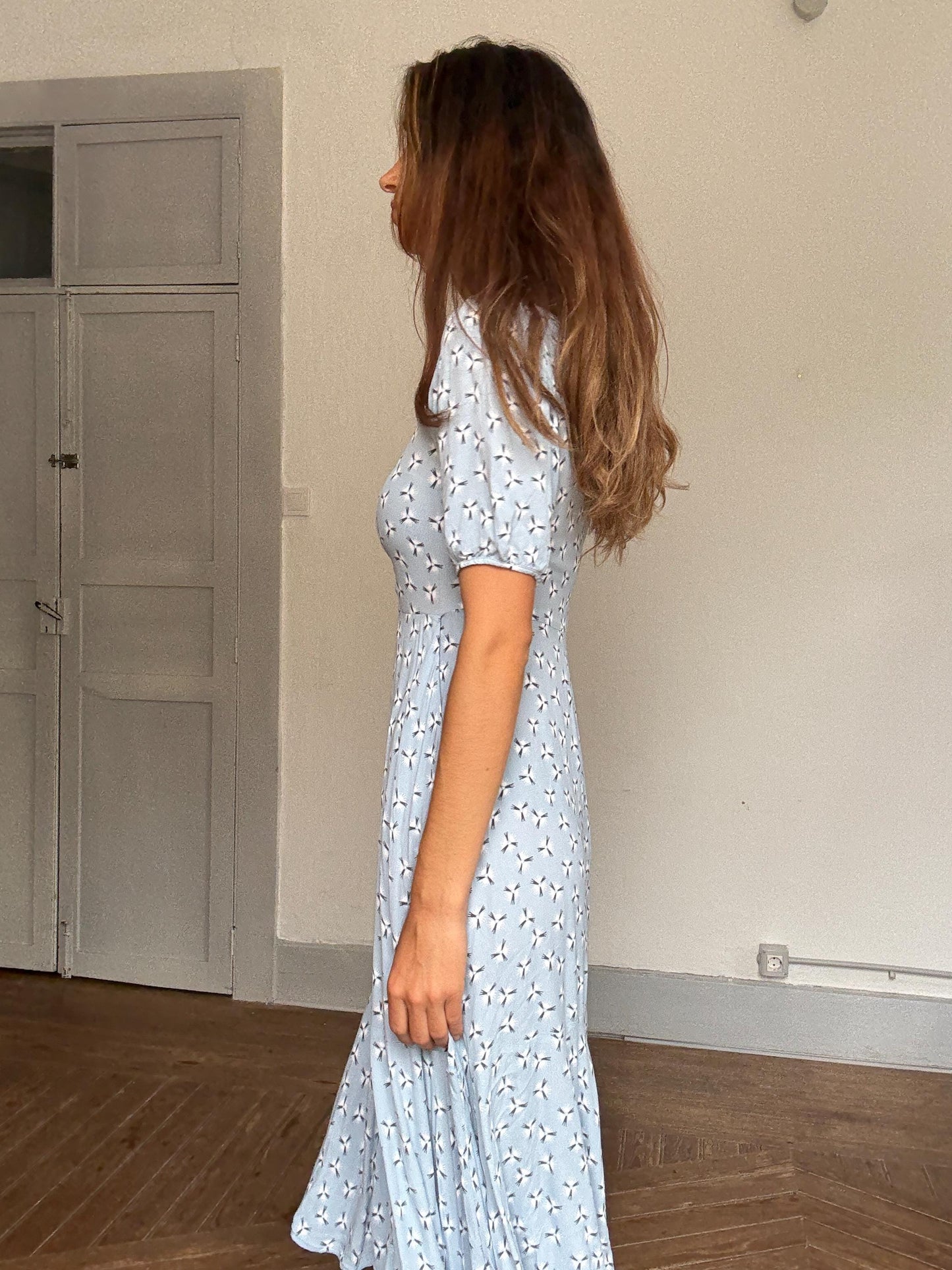 And Other Stories blue midi dress – puff sleeves, flared hem, abstract floral print, flattering waist, soft crepe, EUR 34, cottagecore chic