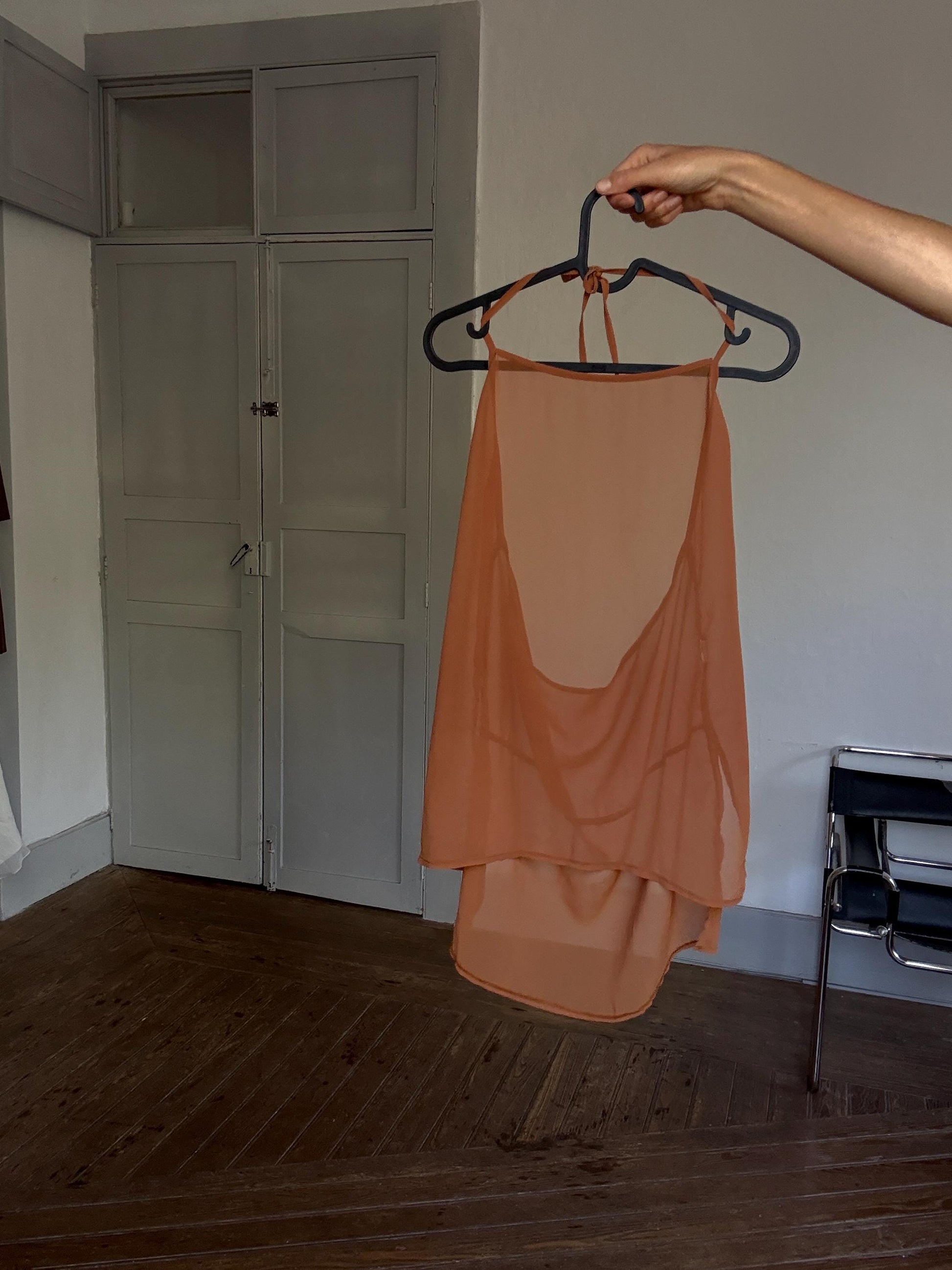 Y2K Sheer Brown Halter Top – Festival Mesh Camisole, Earthy Lightweight Tie Neck, See-Through Bikini Cover, Size S/M