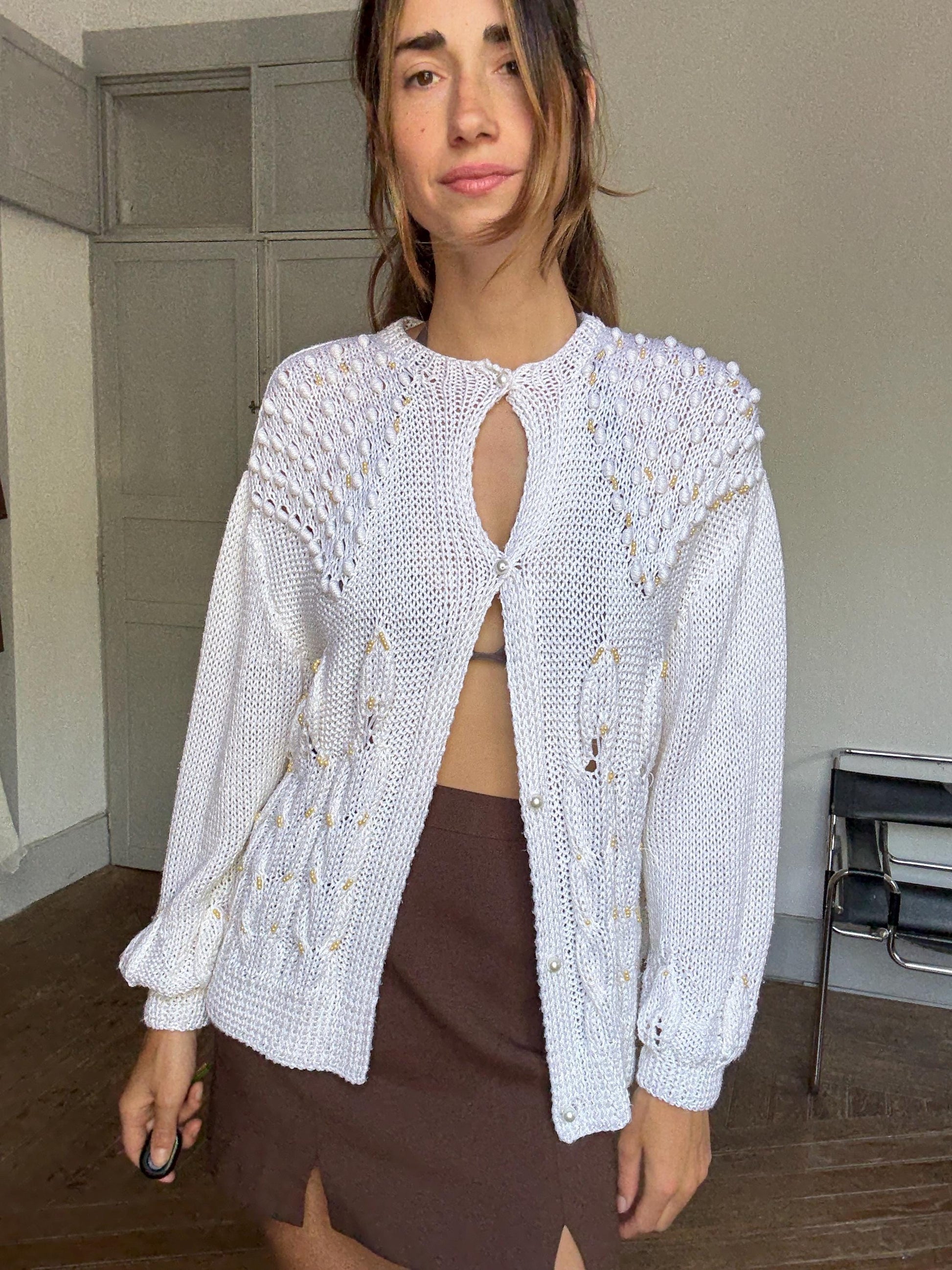 Vintage White Hand-Knitted Cardigan – Cottagecore Pearl Beaded Vest, Popcorn Stitch Knitwear, Pearl Button Closure, Boho Grannycore Layer