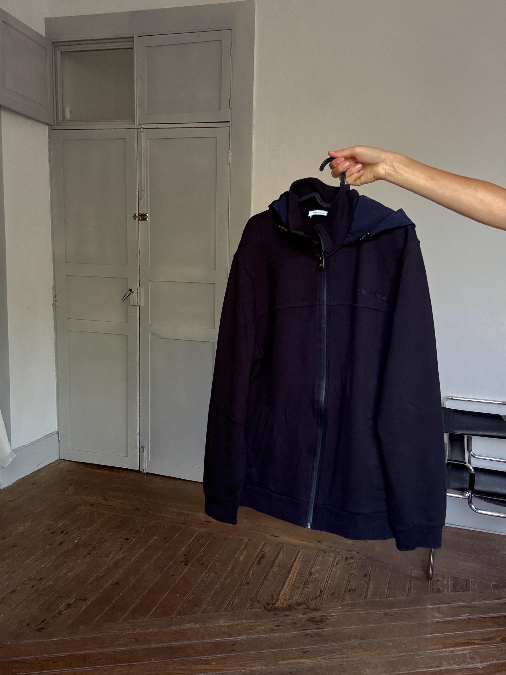 Pedro del Hierro Navy Hooded Zip Jacket – Unisex Luxe Sporty Jacket, Secondhand XL Cardigan, Designer Cotton Jacket with Hood