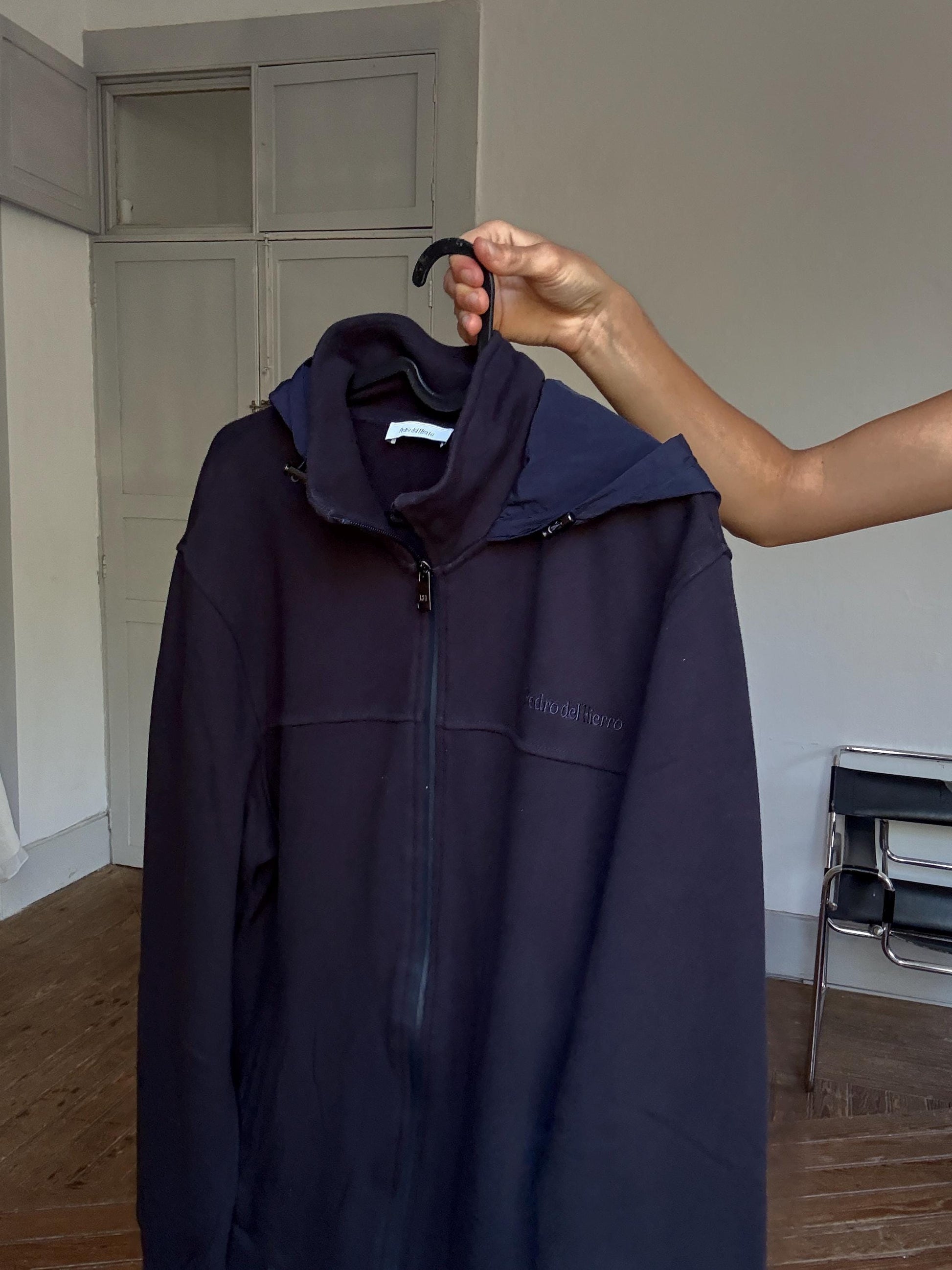 Pedro del Hierro Navy Hooded Zip Jacket – Unisex Luxe Sporty Jacket, Secondhand XL Cardigan, Designer Cotton Jacket with Hood