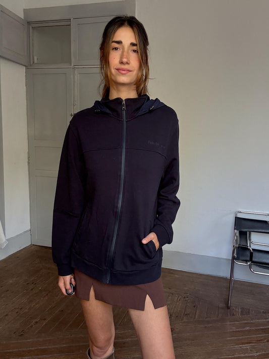 Pedro del Hierro Navy Hooded Zip Jacket – Unisex Luxe Sporty Jacket, Secondhand XL Cardigan, Designer Cotton Jacket with Hood