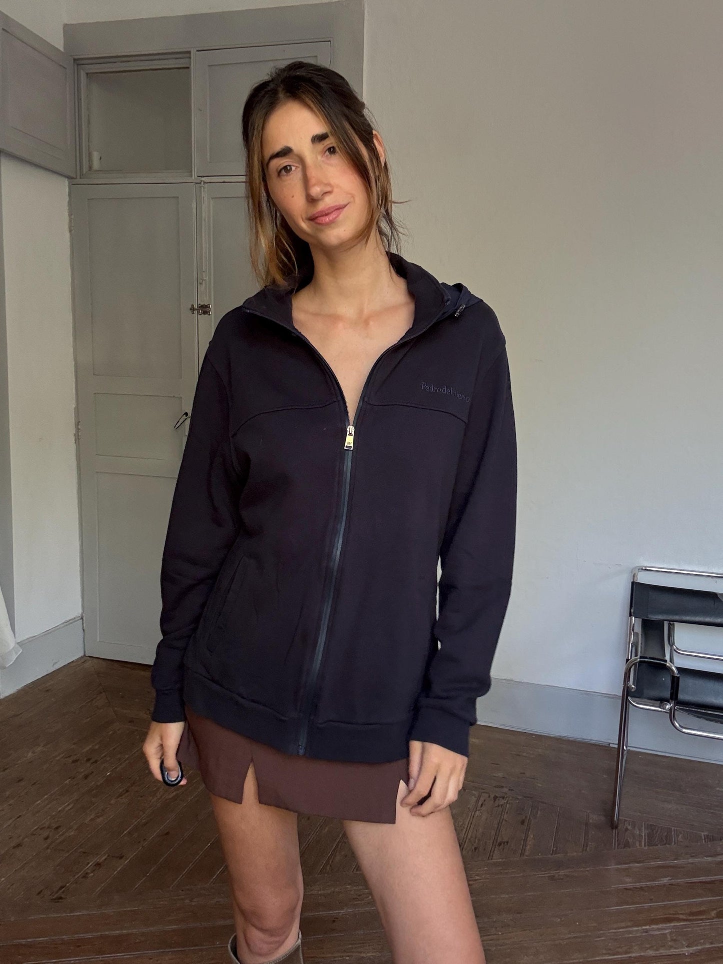 Pedro del Hierro Navy Hooded Zip Jacket – Unisex Luxe Sporty Jacket, Secondhand XL Cardigan, Designer Cotton Jacket with Hood