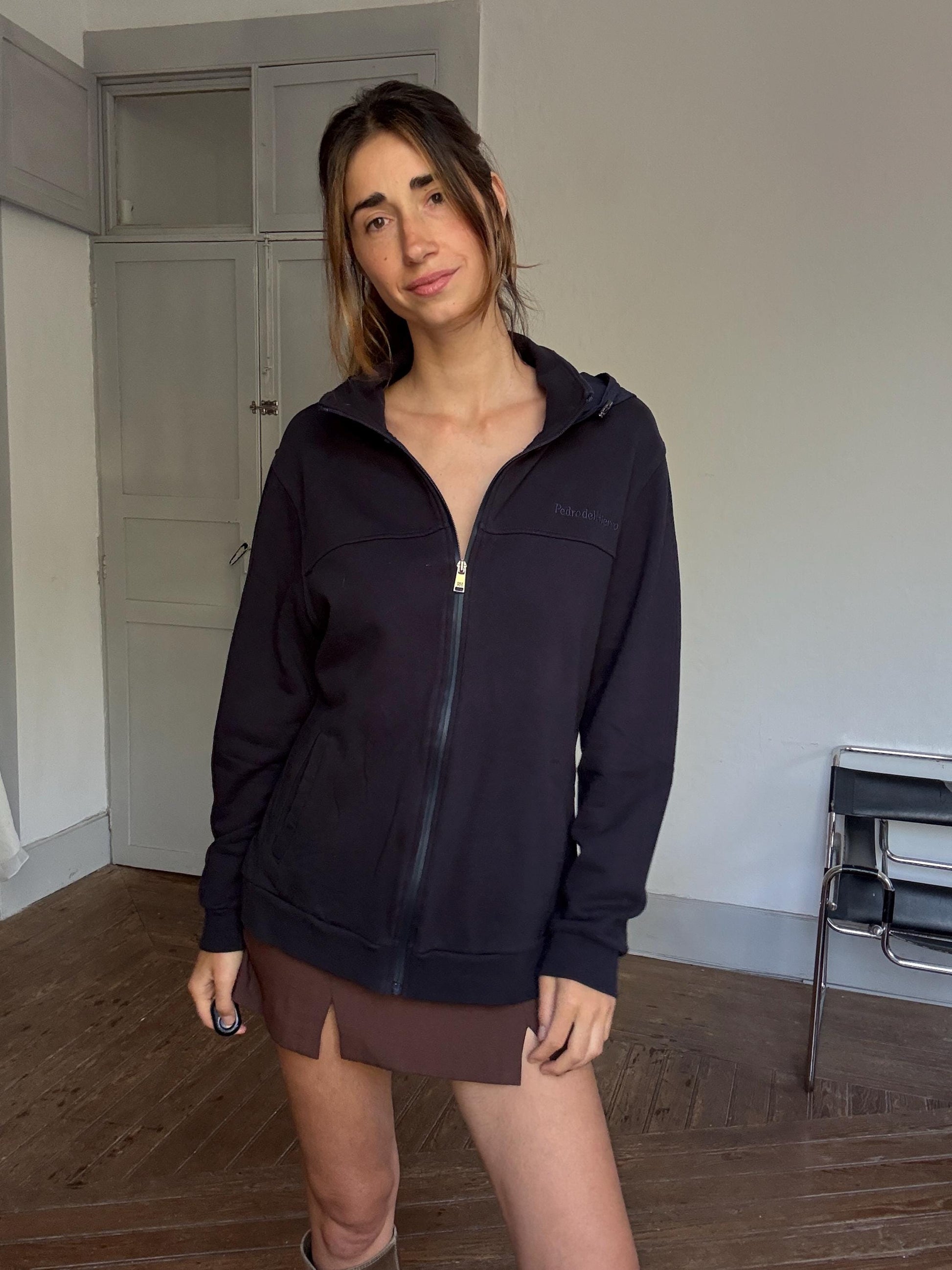 Pedro del Hierro Navy Hooded Zip Jacket – Unisex Luxe Sporty Jacket, Secondhand XL Cardigan, Designer Cotton Jacket with Hood