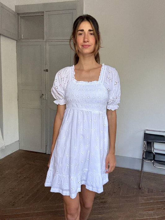 White Eyelet Cotton Summer Dress – Romantic Puff Sleeve Dress, 100% Cotton, Vintage-Style Cottagecore Holiday Dress, Size S