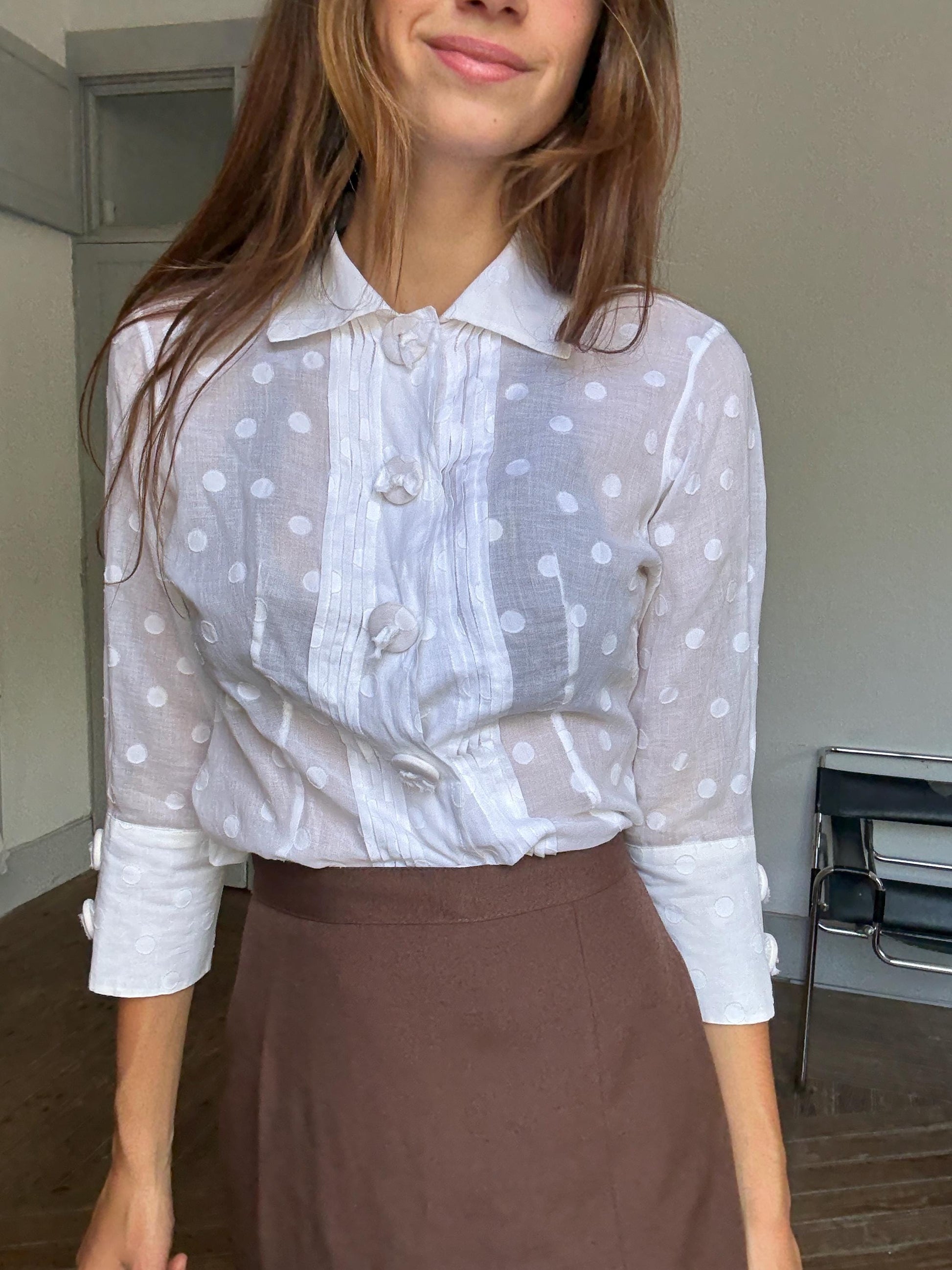 Vintage Polka Dot Blouse by Purificación García, Sheer Cotton Button Down | Sofia Coppola Aesthetic, Size M