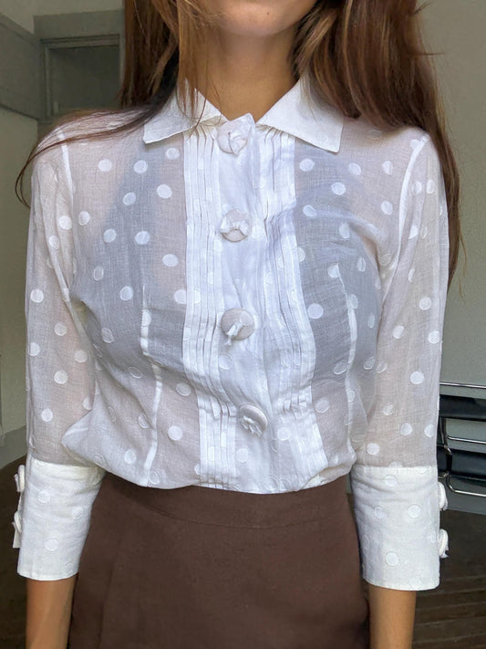 Vintage Polka Dot Blouse by Purificación García, Sheer Cotton Button Down | Sofia Coppola Aesthetic, Size M