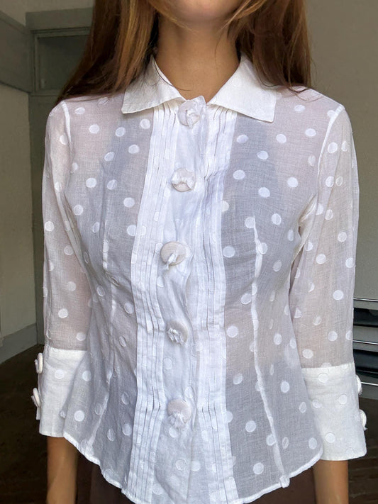 Vintage Polka Dot Blouse by Purificación García, Sheer Cotton Button Down | Sofia Coppola Aesthetic, Size M