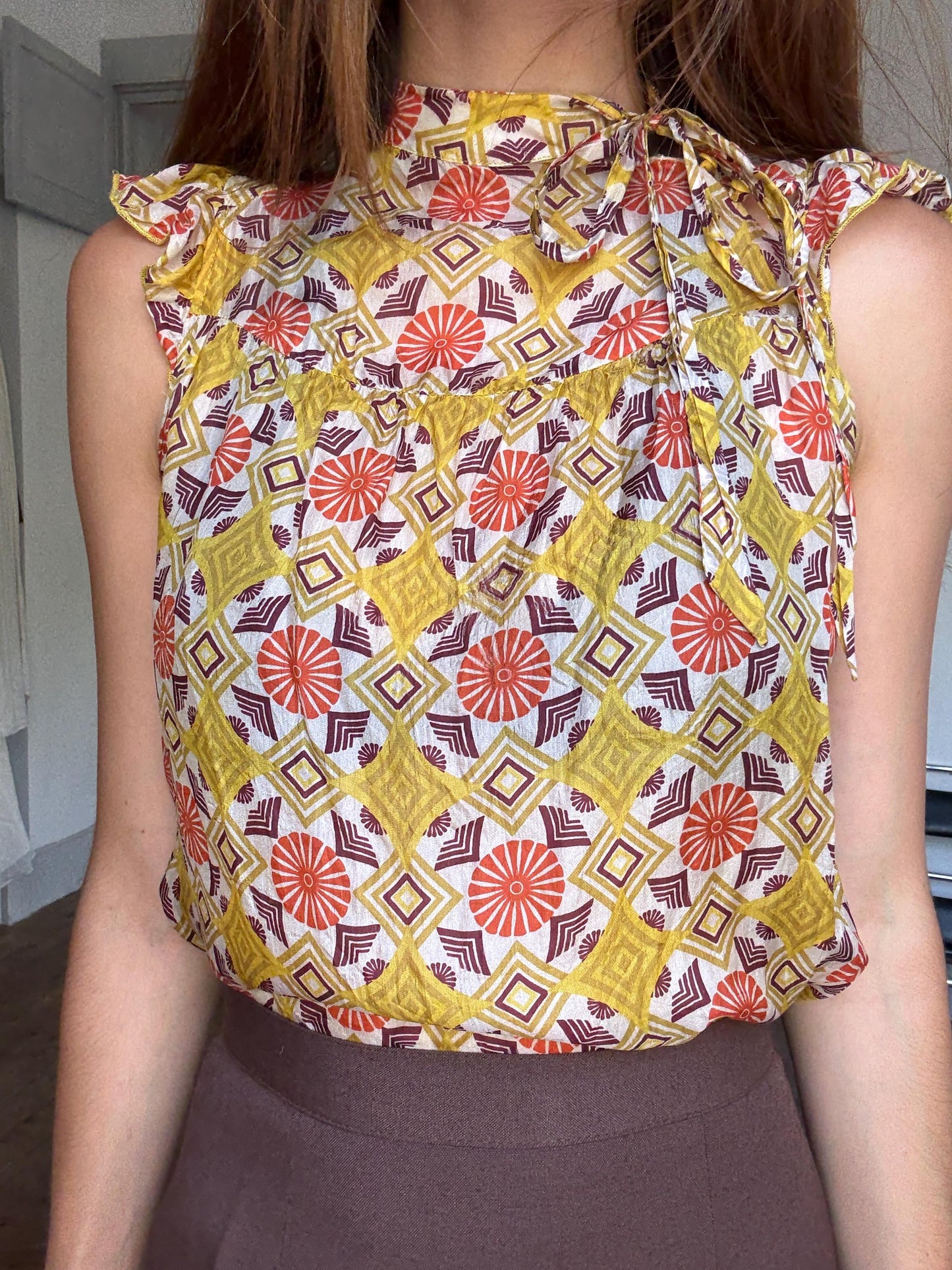 Groovy 70s Silk Top, Mock Neck Summer Blouse | Retro Print Y2K Vibes | Sienna Miller Style