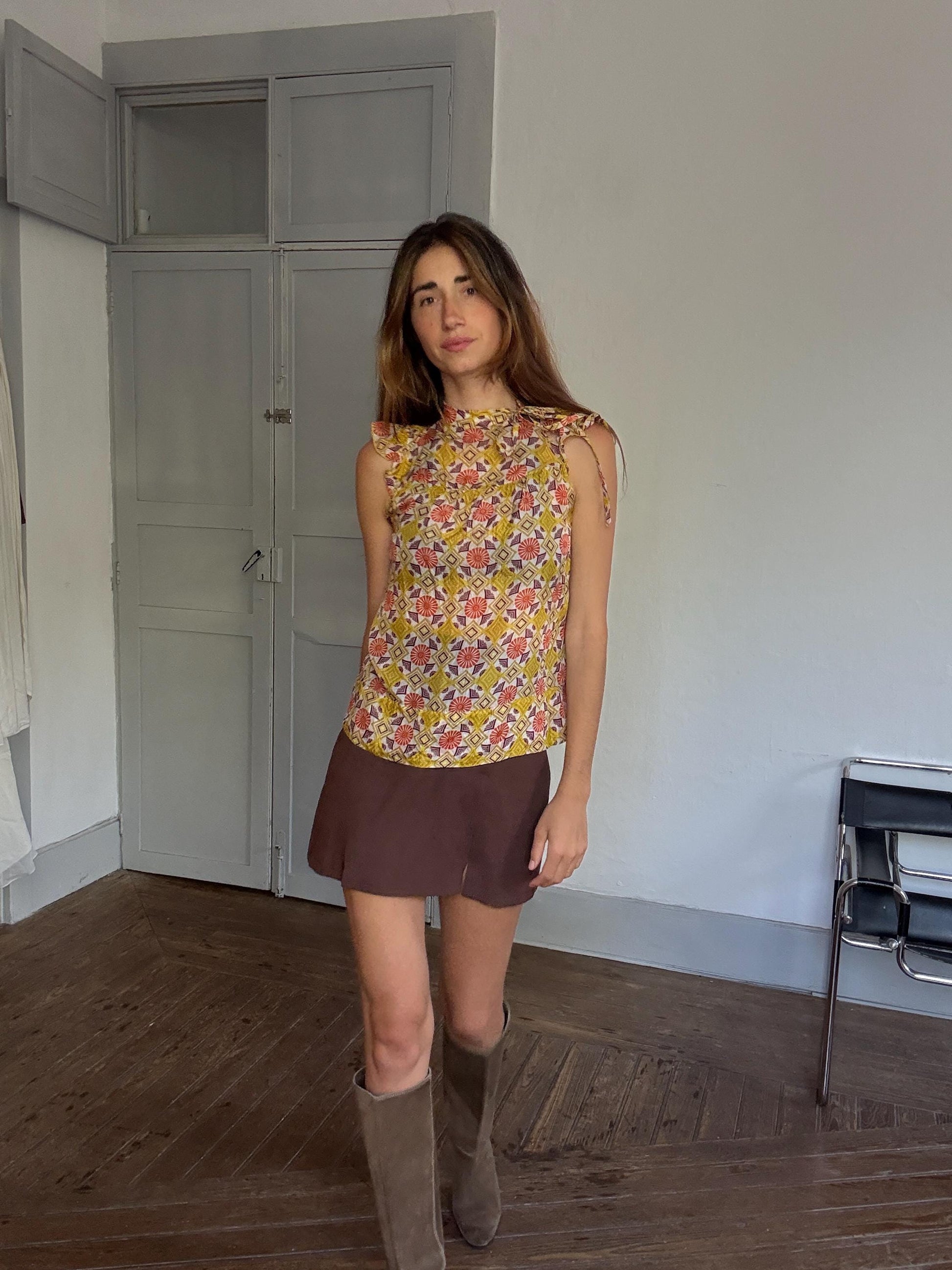 Groovy 70s Silk Top, Mock Neck Summer Blouse | Retro Print Y2K Vibes | Sienna Miller Style