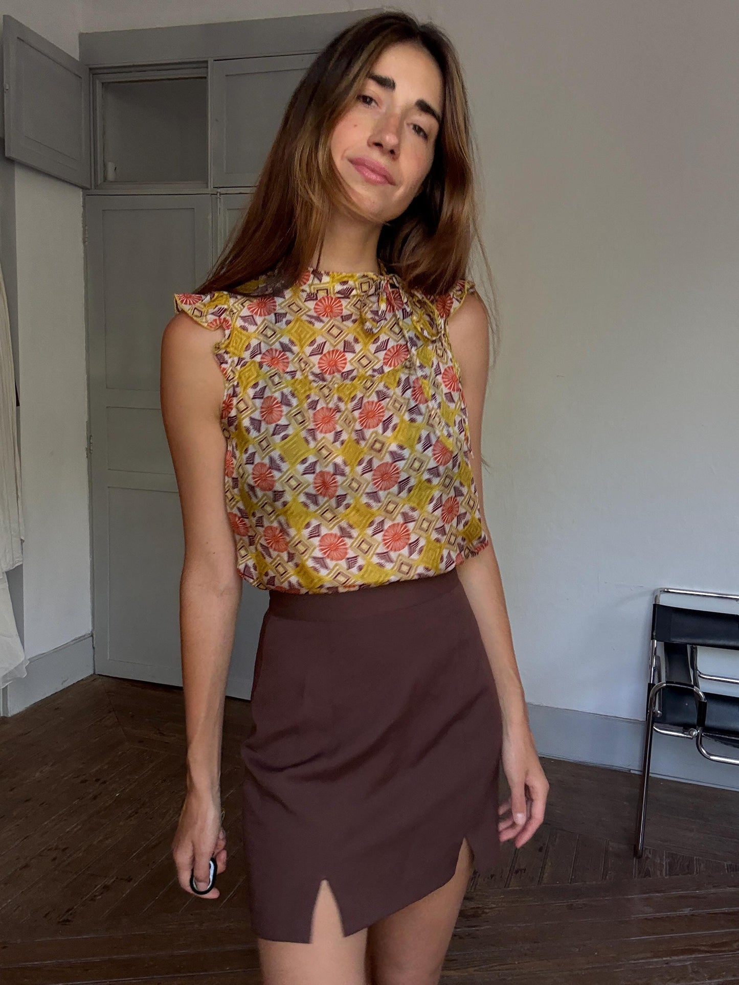 Groovy 70s Silk Top, Mock Neck Summer Blouse | Retro Print Y2K Vibes | Sienna Miller Style