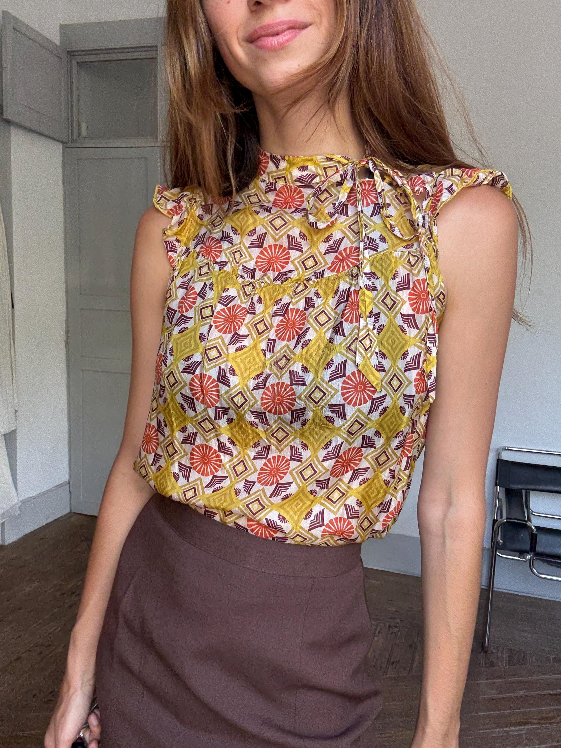 Groovy 70s Silk Top, Mock Neck Summer Blouse | Retro Print Y2K Vibes | Sienna Miller Style