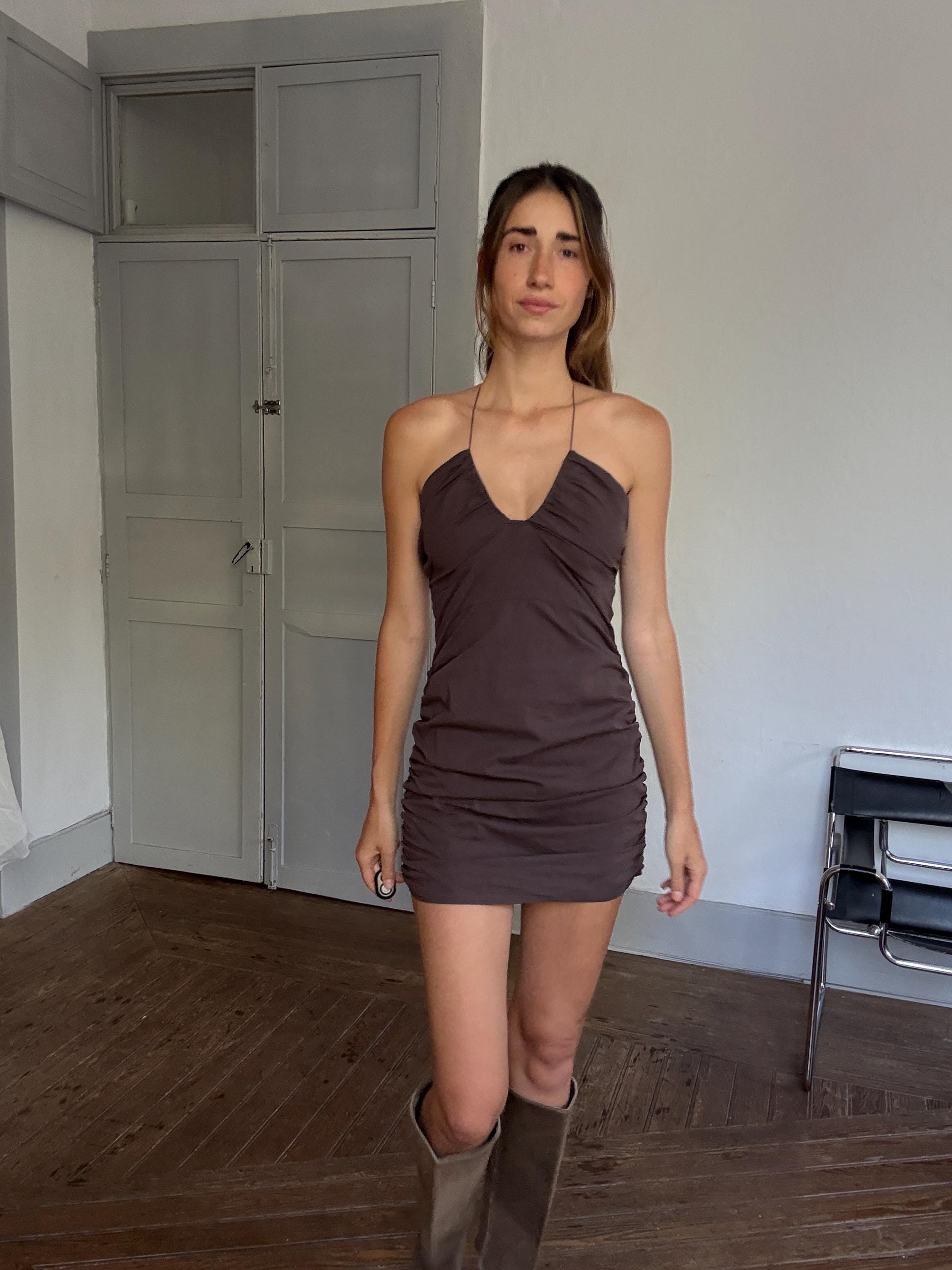 Y2K Brown Ruched Halter Mini Dress | 90s Clubwear Vibes | Size M