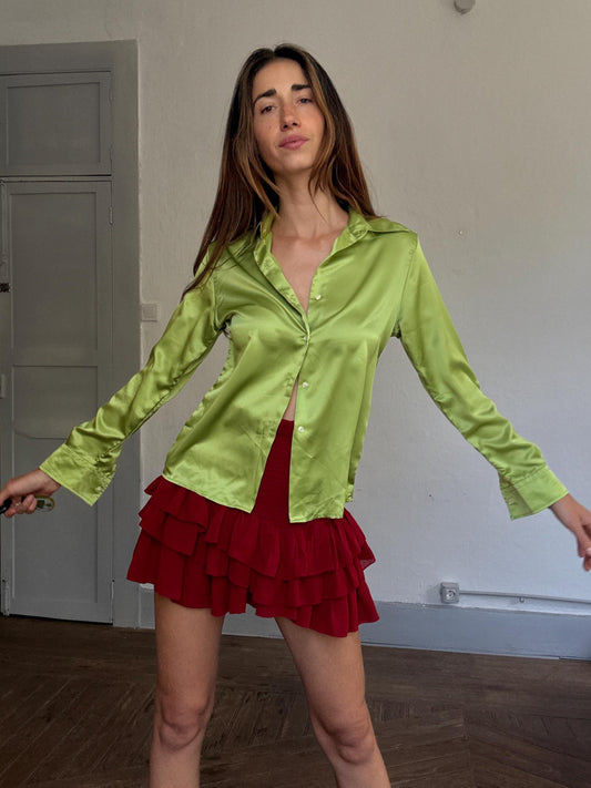 Lime green Sisley blouse made in Italy – glossy satin like shirt button-up front, 90s-inspired tailored glam office chic