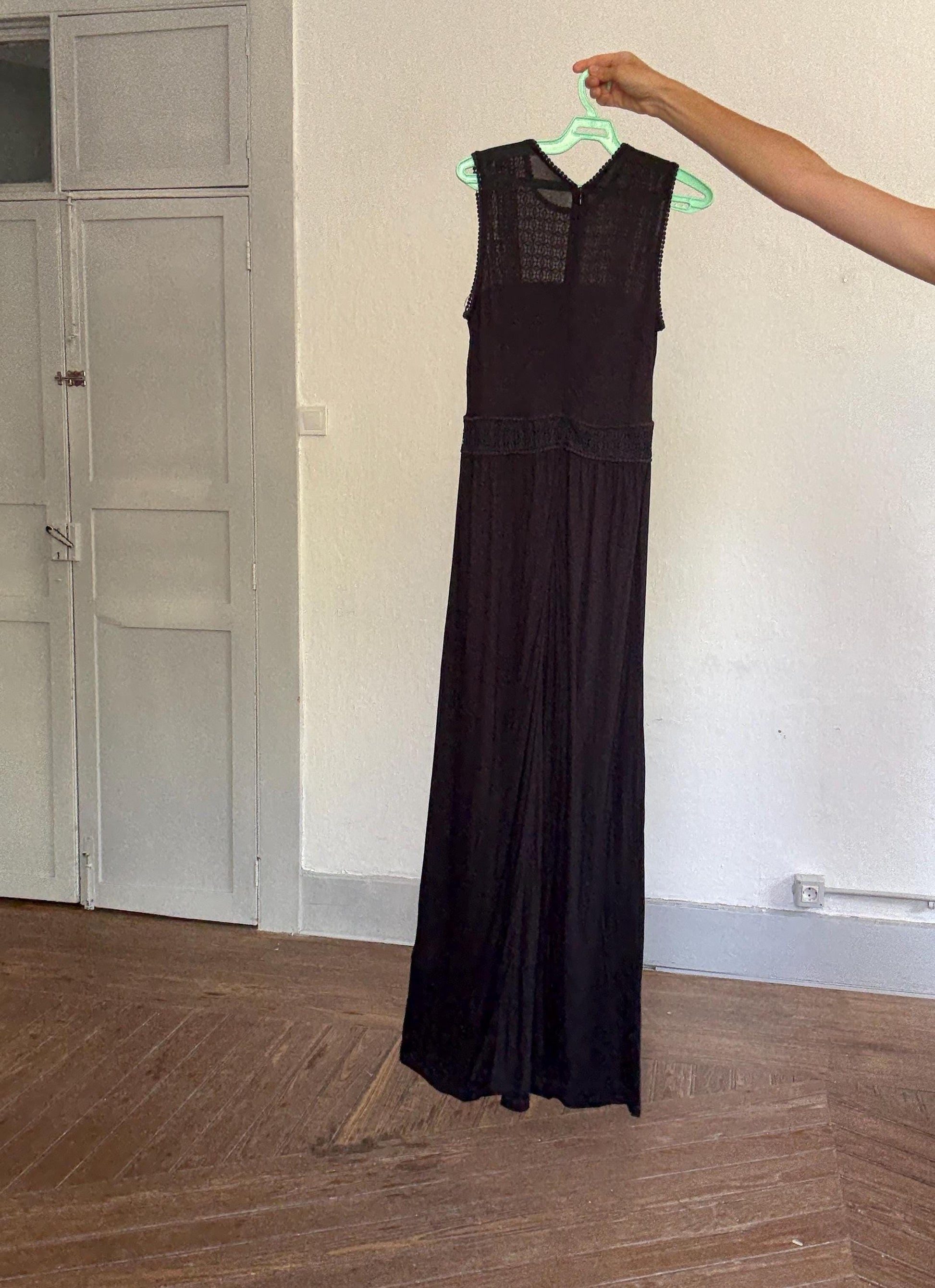 Black midi dress with lace crochet bodice, back zip & draped viscose skirt, boho chic evening look, breathable and flattering