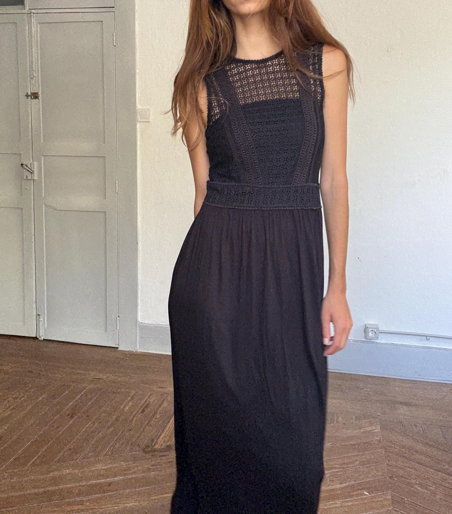 Black midi dress with lace crochet bodice, back zip & draped viscose skirt, boho chic evening look, breathable and flattering