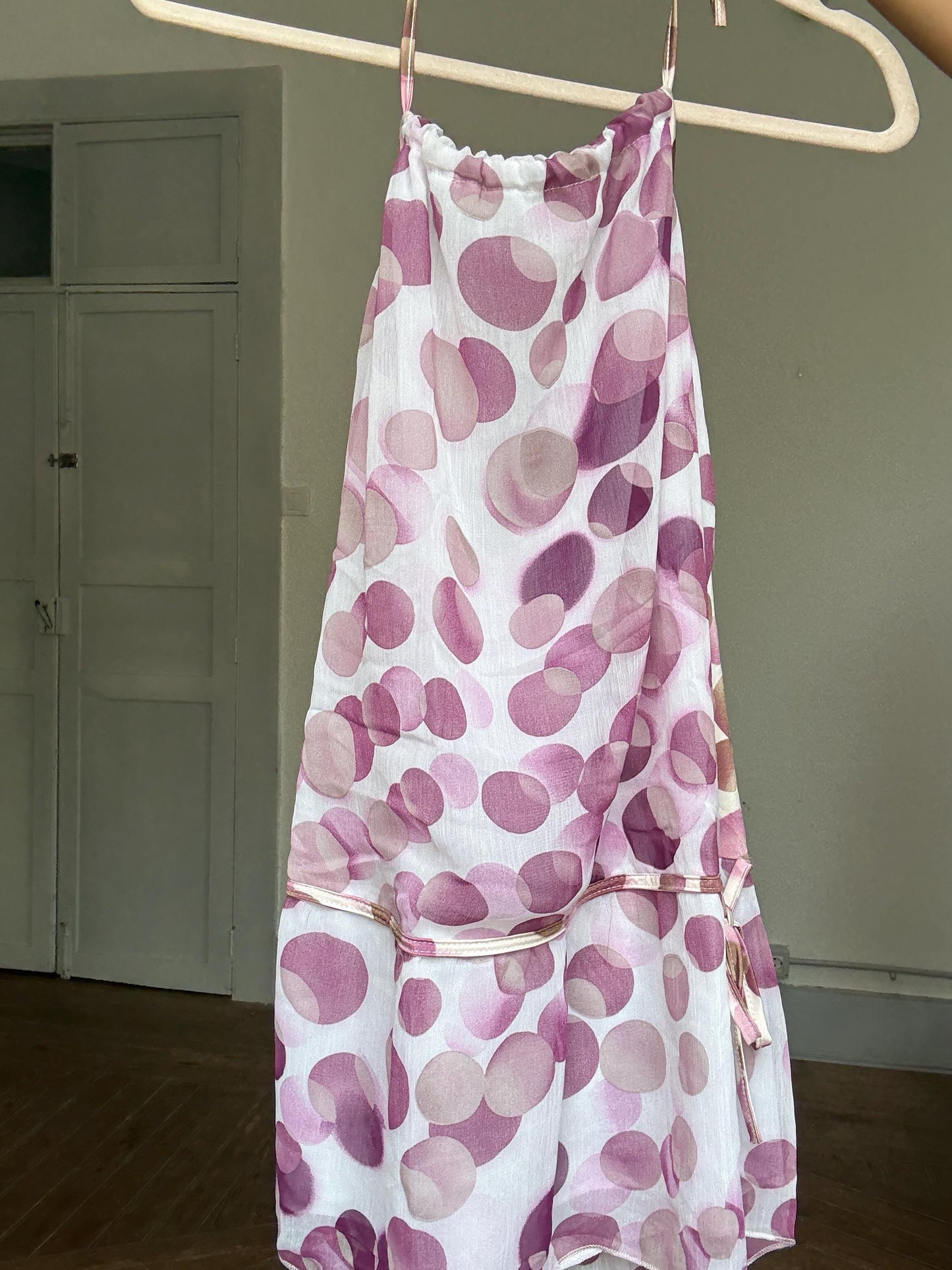 Playful sheer mini halter dress with purple bubble print – tie back & low back, ultra-light 2000s Y2K summer aesthetic