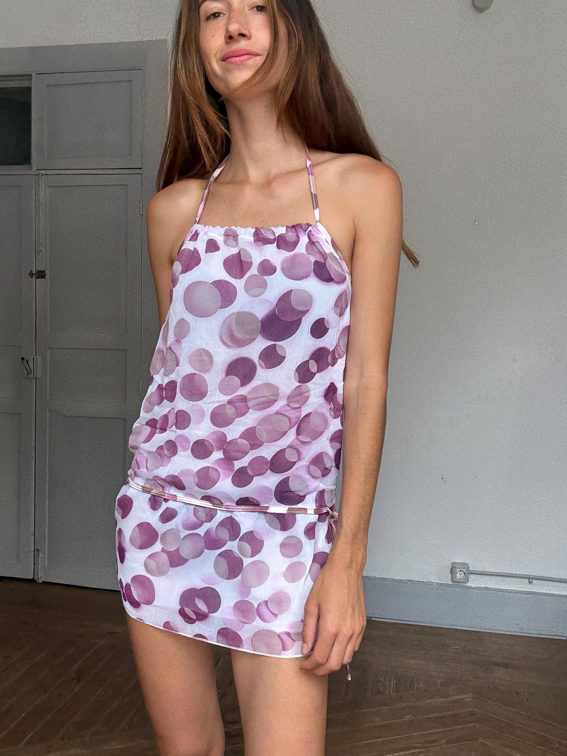 Playful sheer mini halter dress with purple bubble print – tie back & low back, ultra-light 2000s Y2K summer aesthetic