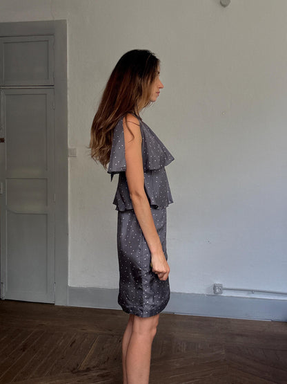 Polka Dot Silk Cocktail Dress with Ruffle Overlay — additional view 5