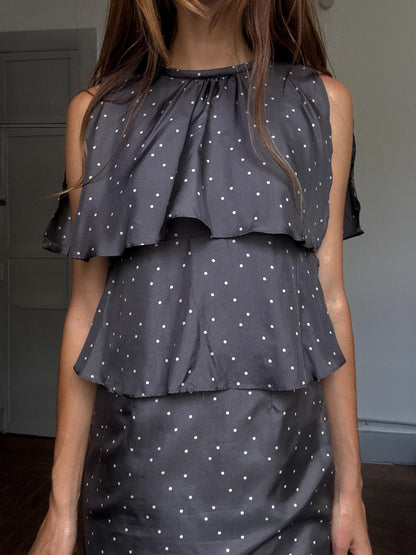 Polka Dot Silk Cocktail Dress with Ruffle Overlay — additional view 6