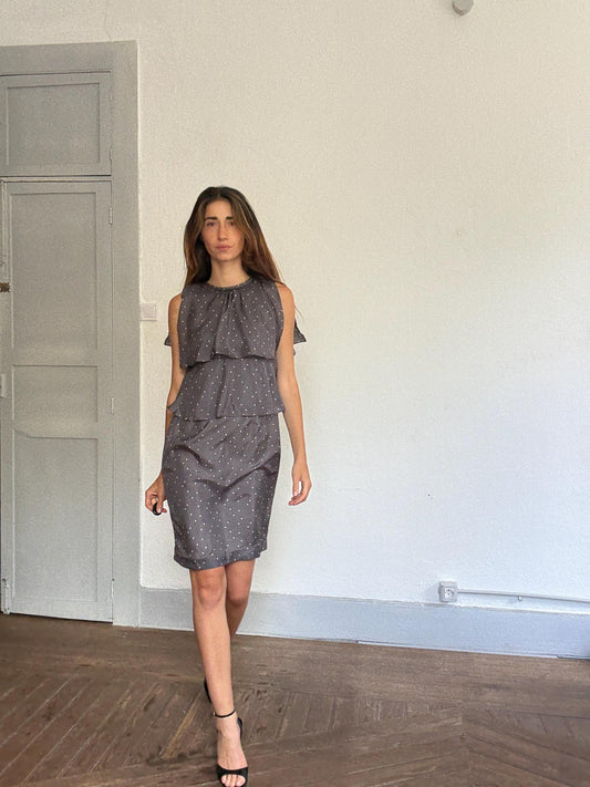 Hoss Intropia polka dot silk cocktail dress – double ruffle overlay, sleeveless, flowy fit with keyhole neck & back clasp