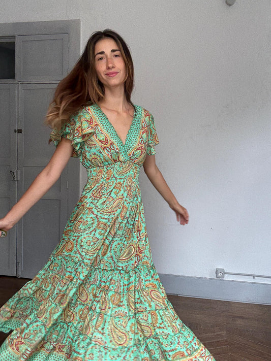 Boho Green Paisley Maxi Dress – Cottagecore Wedding Guest or Mamma Mia Summer Look, Size s