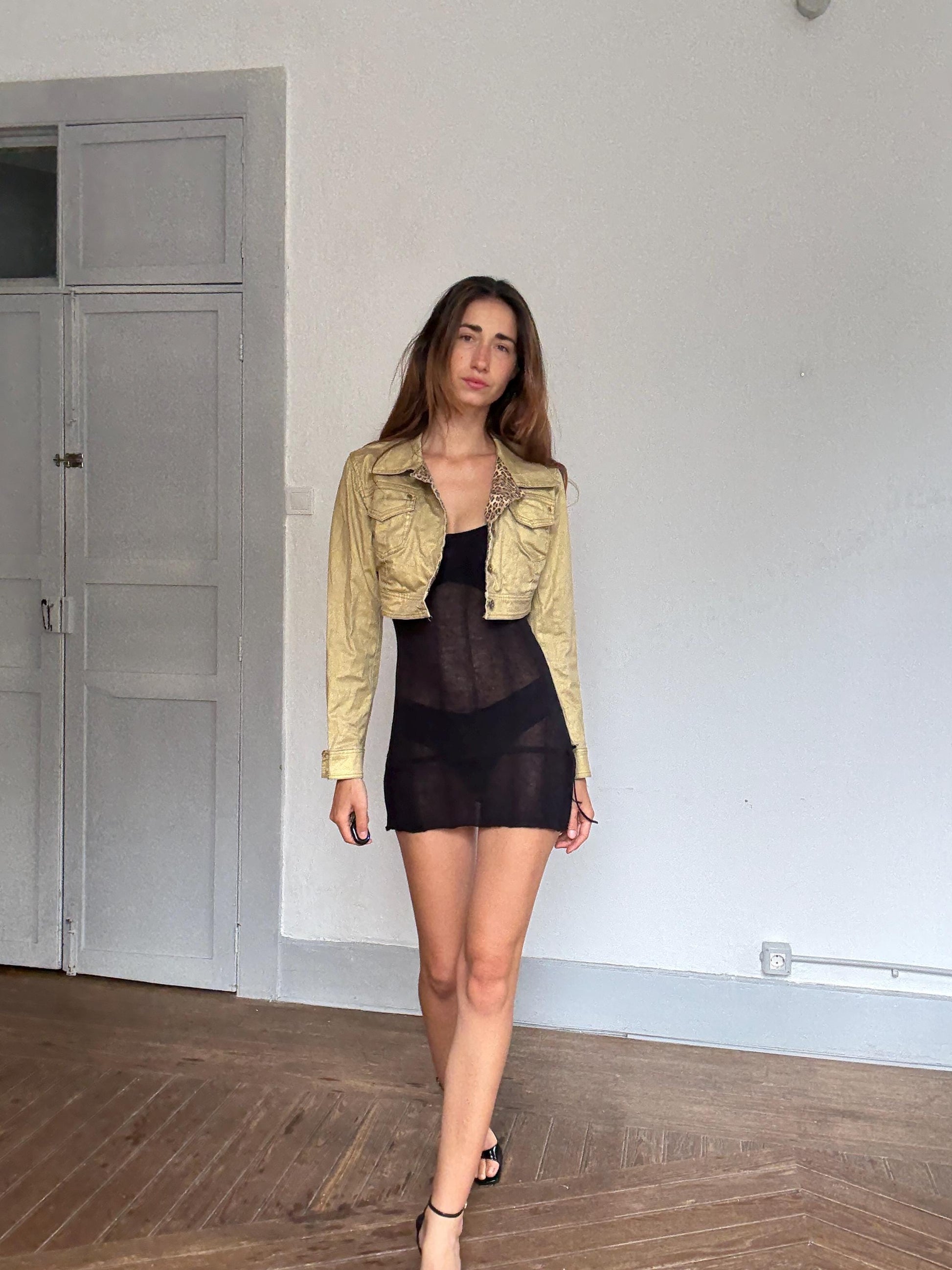 Y2K Gold Cropped Jacket with Leopard Lining – Paris Hilton Meets Euphoria Vibes, Cute sexy gold and leopard print mini woman coat, Size M