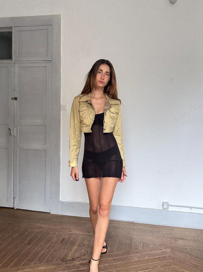Y2K Gold Cropped Jacket with Leopard Lining — detail