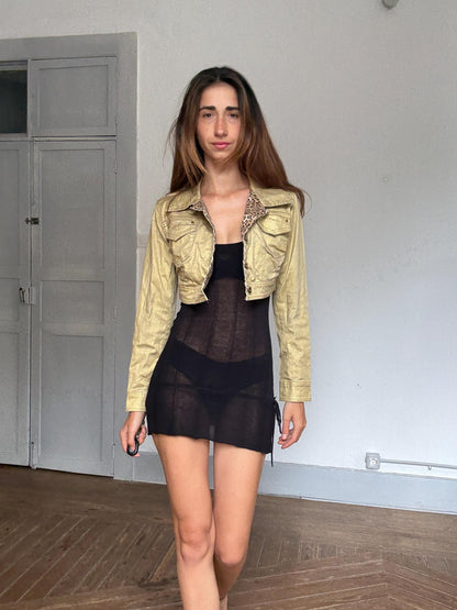 Y2K Gold Cropped Jacket with Leopard Lining — back view