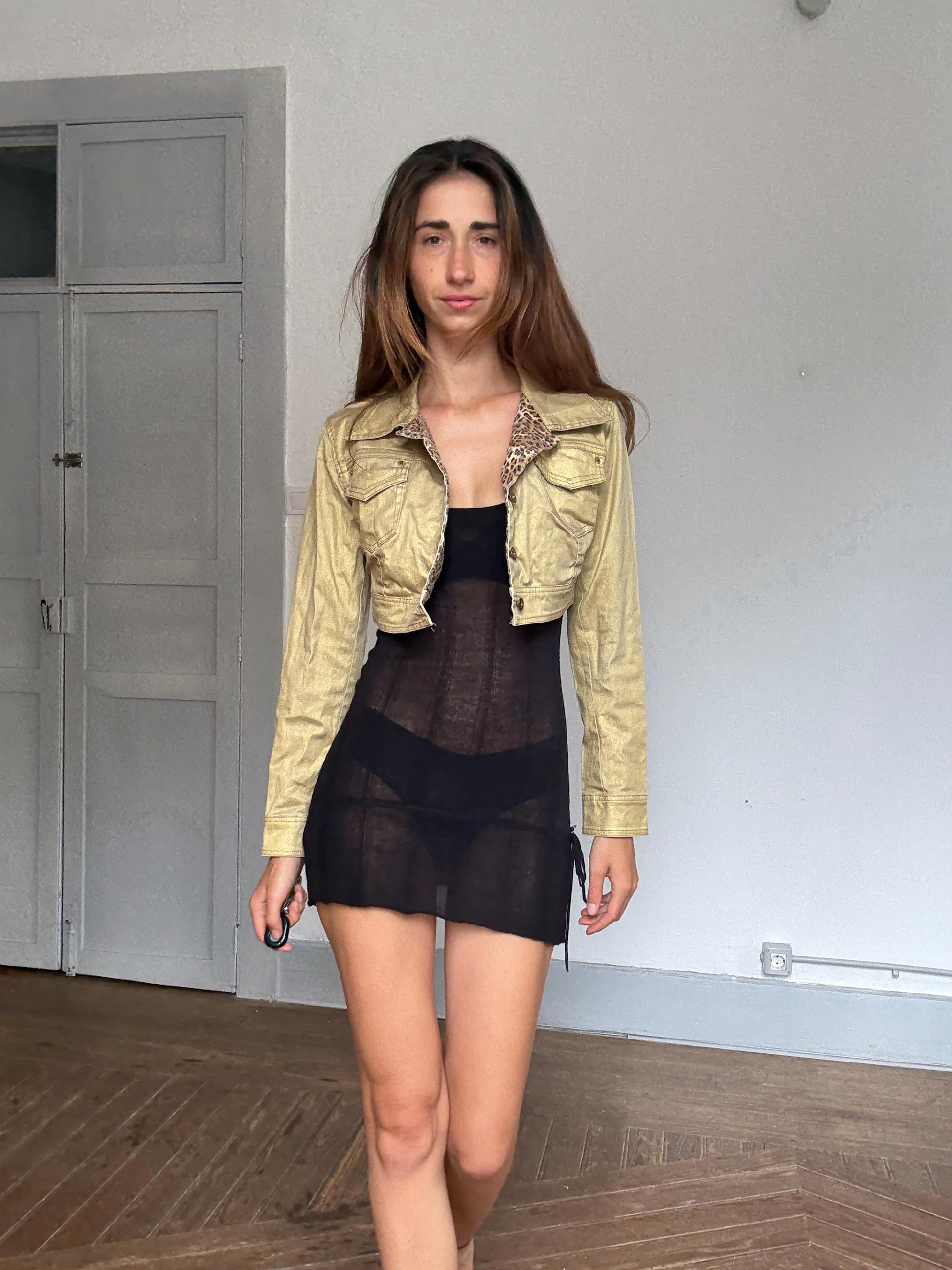 Y2K Gold Cropped Jacket with Leopard Lining – Paris Hilton Meets Euphoria Vibes, Cute sexy gold and leopard print mini woman coat, Size M